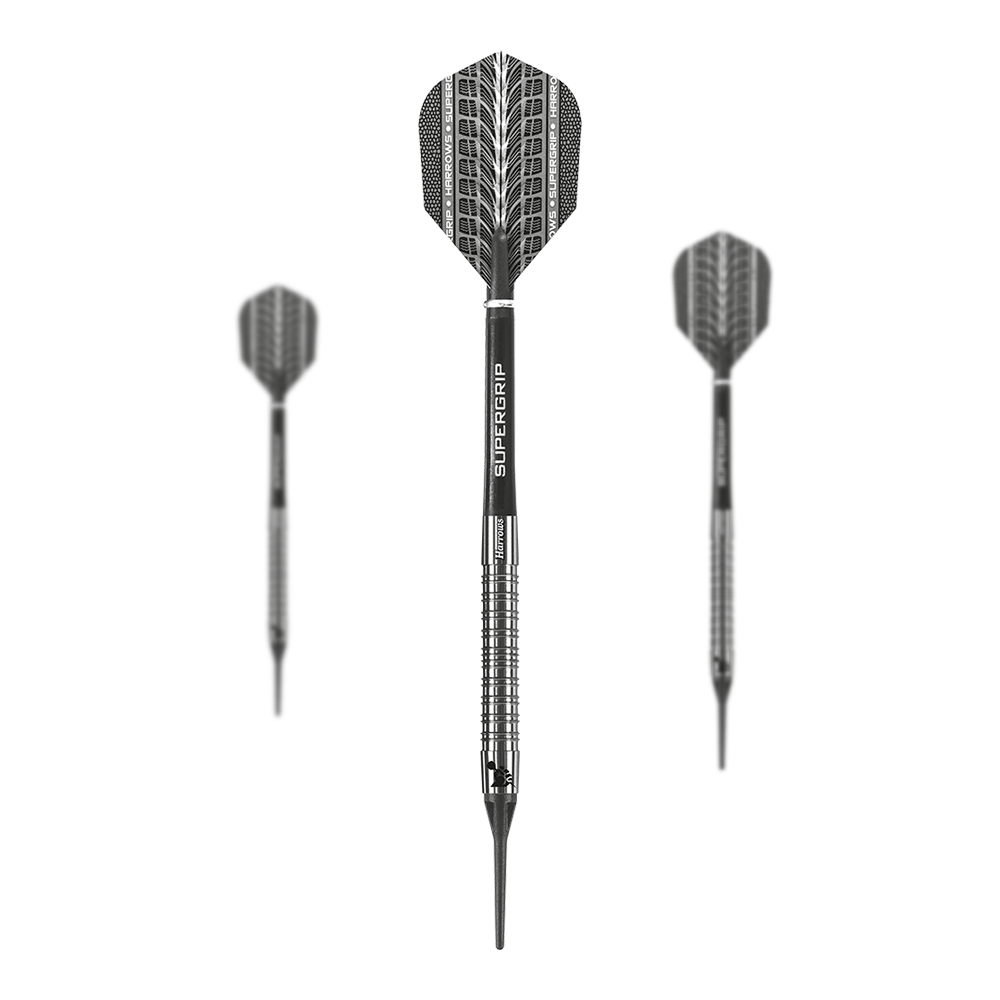 Harrows Supergrip 90% miękkie lotki Das Bild zeigt drei Harrows Supergrip 90% Softdarts mit silbernem, gerilltem Barrel. Die Flights sind schwarz mit einem auffälligen Muster gestaltet.
