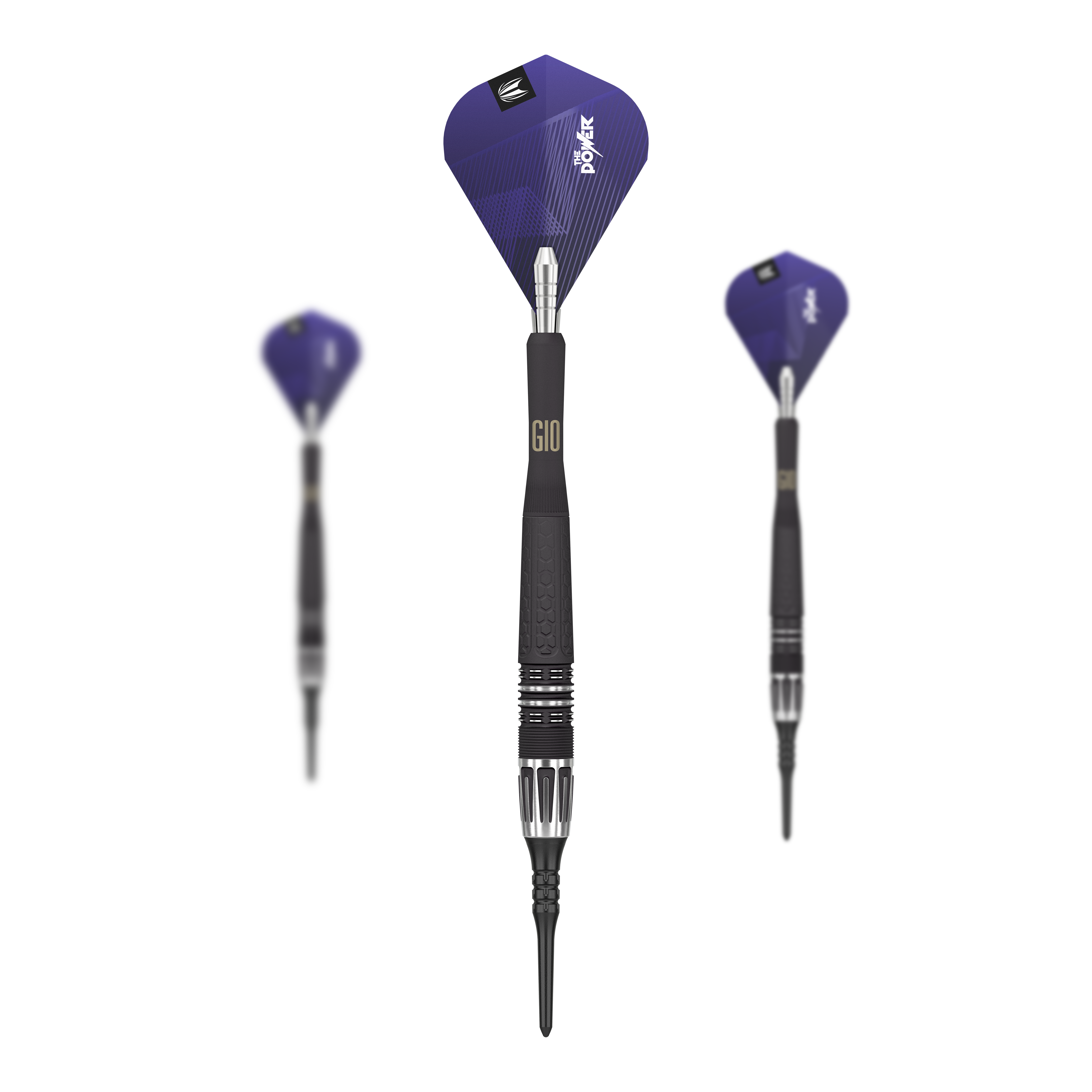 Miękkie lotki Target Phil Taylor Power 9Five GEN10 Auf dem Bild sind drei Target Phil Taylor Power 9Five GEN10 Softdarts zu sehen. Die Darts haben schwarze Griffe und blaue Flights mit dem Aufdruck "Power".