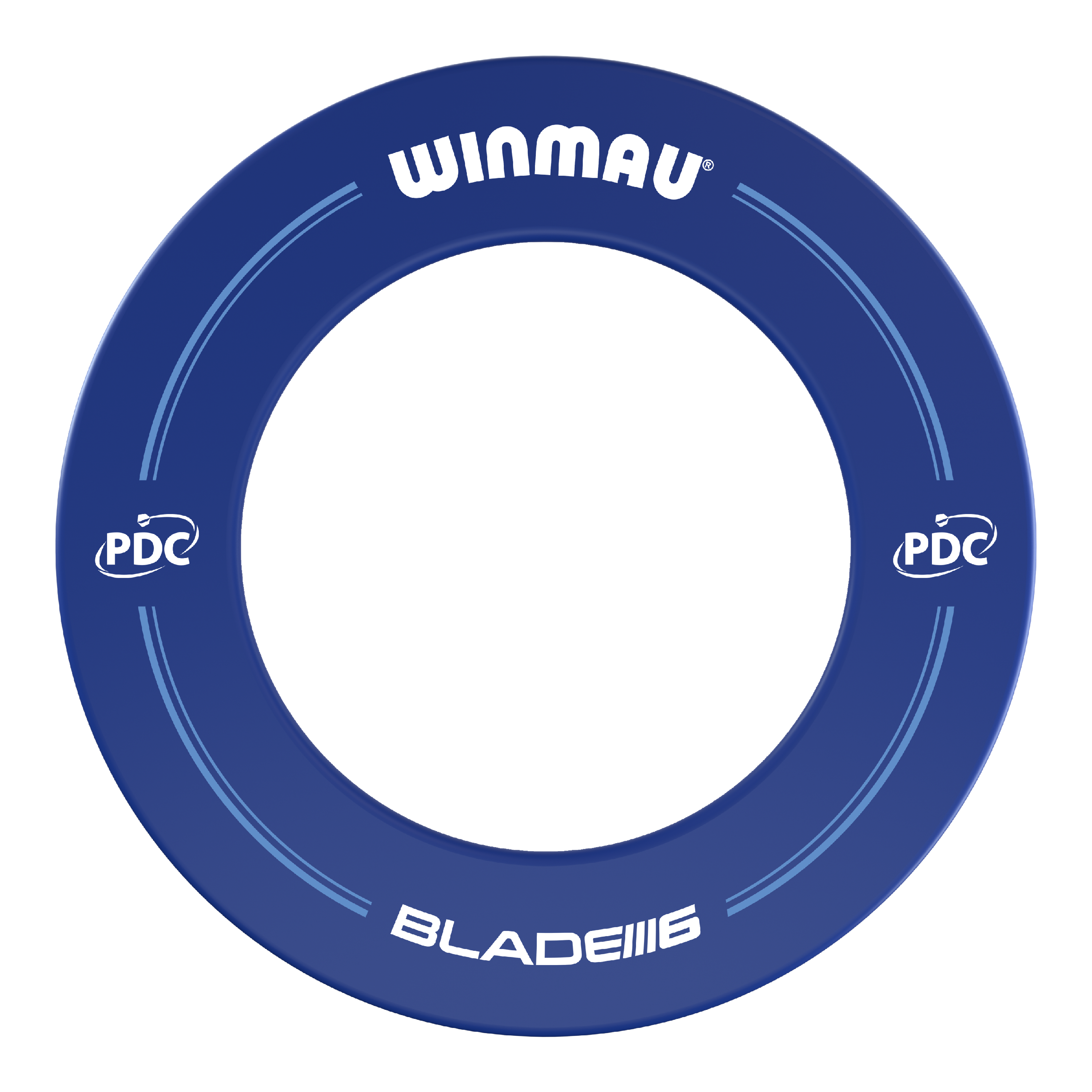 Obudowa tarczy do darta Winmau PDC – niebieska Das Bild zeigt einen blauen Dartboard-Surround der Marke Winmau mit PDC-Logo. Auf dem Ring stehen die Worte "WINMAU" und "BLADE 6".