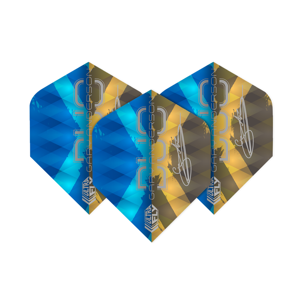 Unicorn Ultrafly 100 Gary Anderson Duo Plus Flights Das Bild zeigt drei Dartflights der Marke "Unicorn Ultrafly 100 Gary Anderson Duo Plus". Die Flights sind in den Farben Blau und Gold gestaltet und tragen den Schriftzug "Gary Anderson".