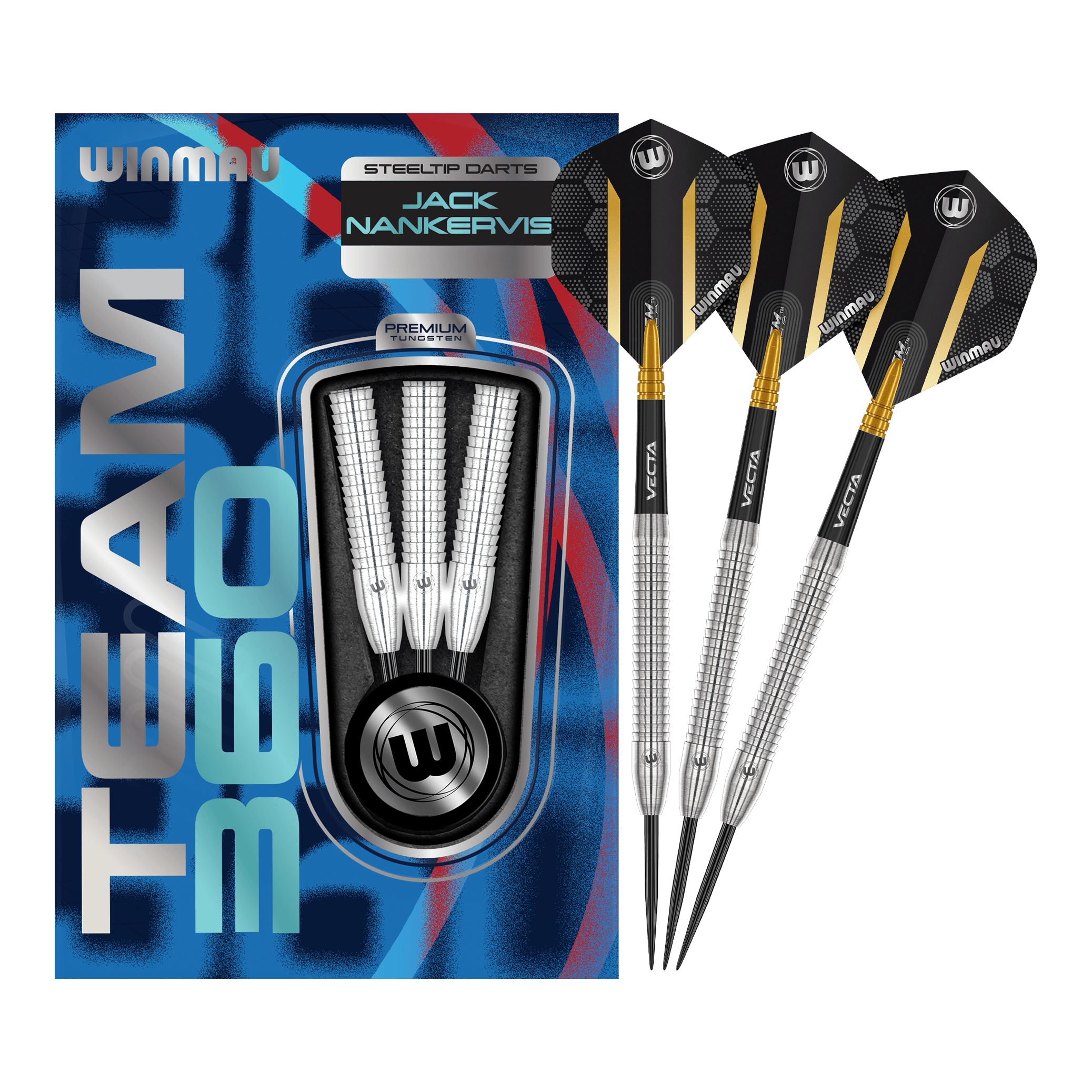 Lotki stalowe Winmau Team 360 Jack Nankervis - 24g Auf dem Bild sind die Winmau Team 360 Jack Nankervis Steeldarts mit 24g zu sehen. Diese Steeldarts bieten eine ausgezeichnete Kontrolle beim Wurf.
