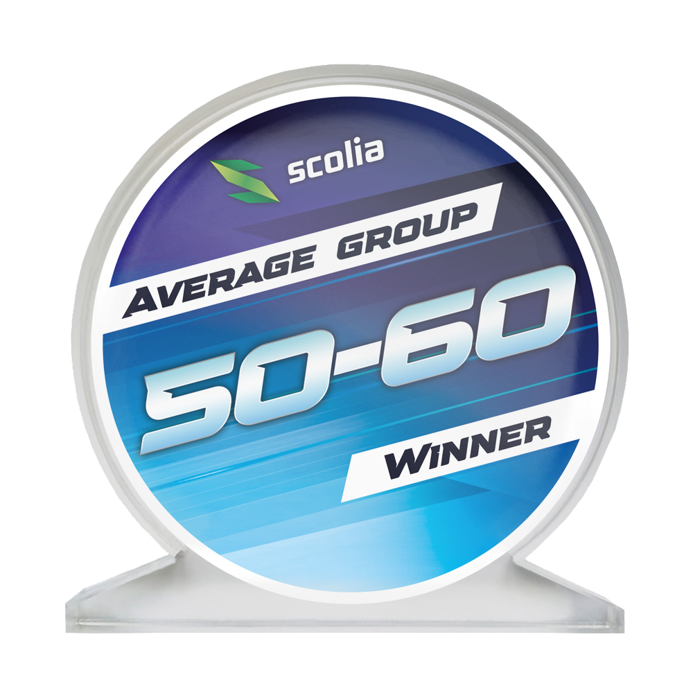 Puchar Scolia ze szkła akrylowego – Zwycięzca Acrylglaspokal mit der Aufschrift 'Average 50-60' ist zu sehen. Das Design zeigt eine klare, rechteckige Trophäe.
