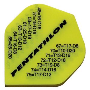 p34 Das Bild zeigt ein gelbes Dart Flight mit der Aufschrift "PENTATHLON" und mehreren Zahlen- und Buchstabenkombinationen. Es handelt sich um das Produkt "Pentathlon Flights P34".