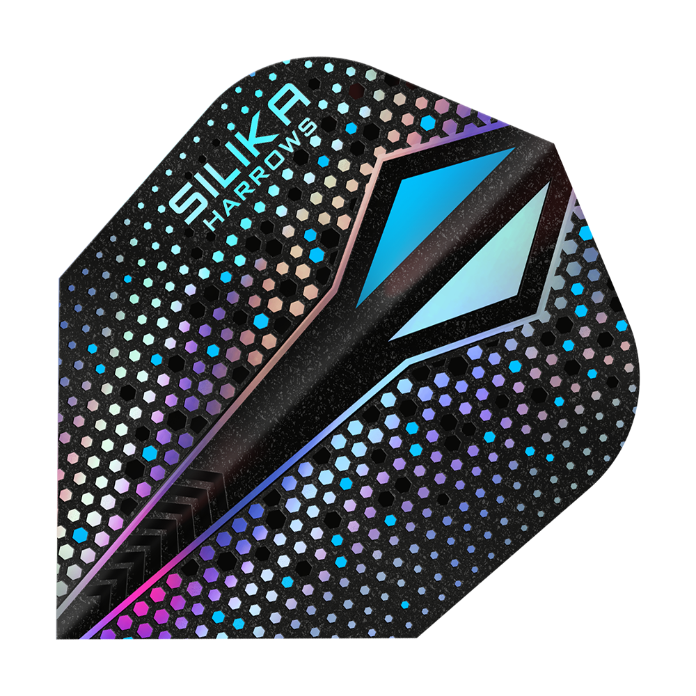 Harrows Silika Colorshift Twarda powłoka krystaliczna Silver-X No6 Loty Das Bild zeigt ein Dart-Flight mit dem Namen "Harrows Silika Colourshift Tough Crystalline Coating Silver-X No6". Das Flight hat ein glänzendes, sechseckiges Muster mit schimmernden Farben und einem markanten blauen Designelement.