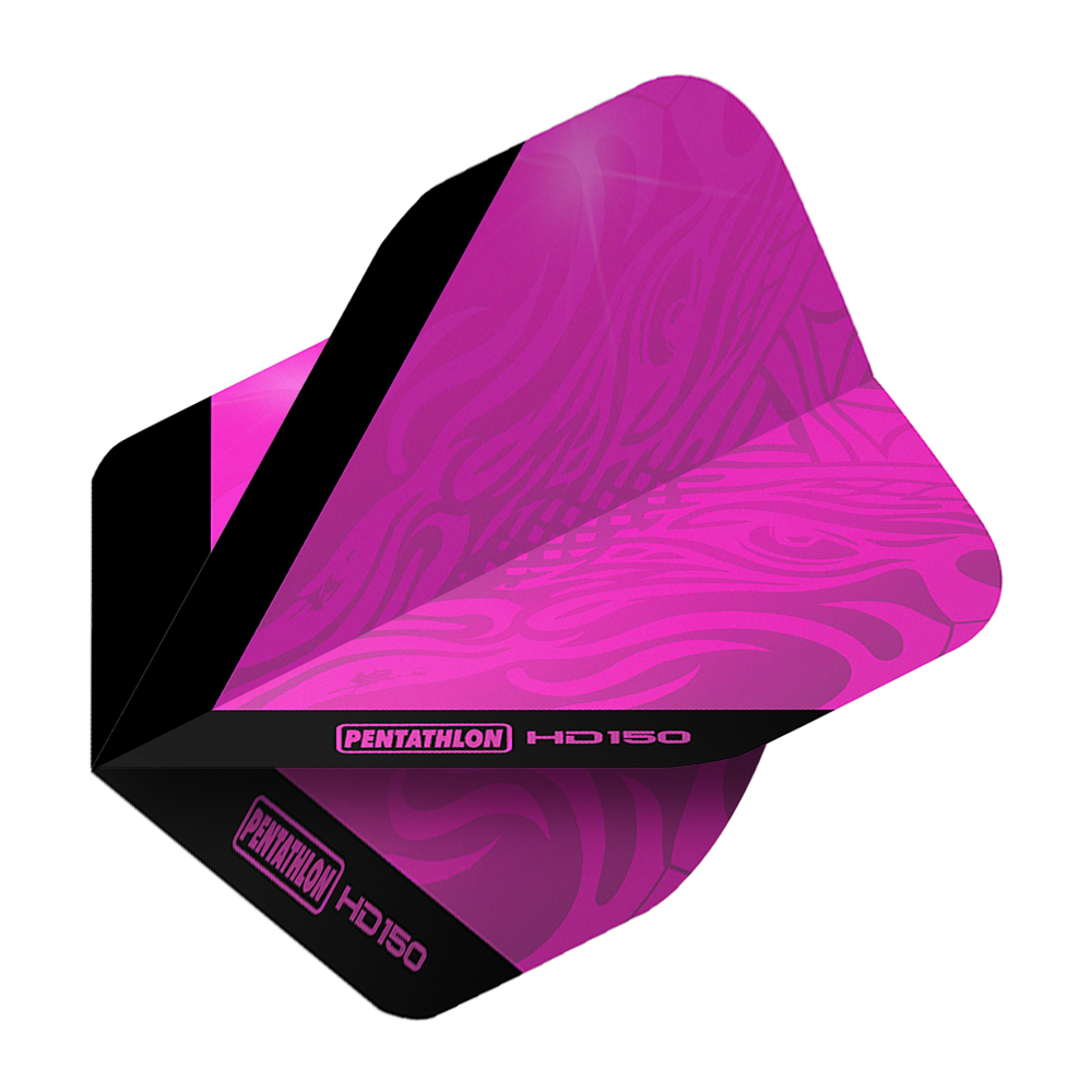 Pentathlon HD150 Metallic Pink Standard Flights Das Bild zeigt das Produkt "Pentathlon HD150 Metallic Pink Standard Flights". Es handelt sich um ein Dart-Flight in metallischem Pink mit schwarzen Akzenten und Markenaufdruck.
