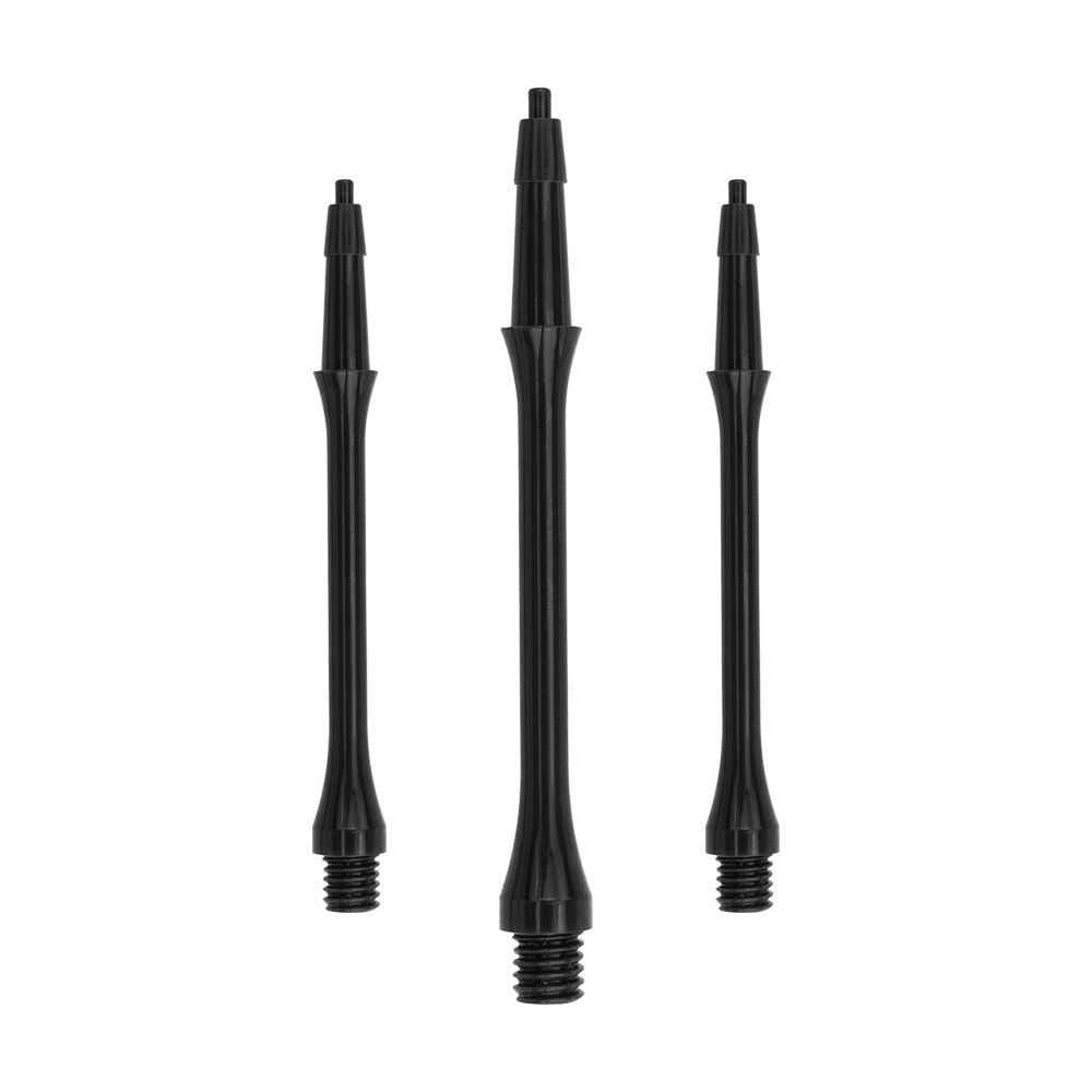 Das Bild zeigt drei schwarze Harrows Clic Slim Shafts für Darts. Sie sind schlank und haben ein Gewinde am unteren Ende zur Befestigung.