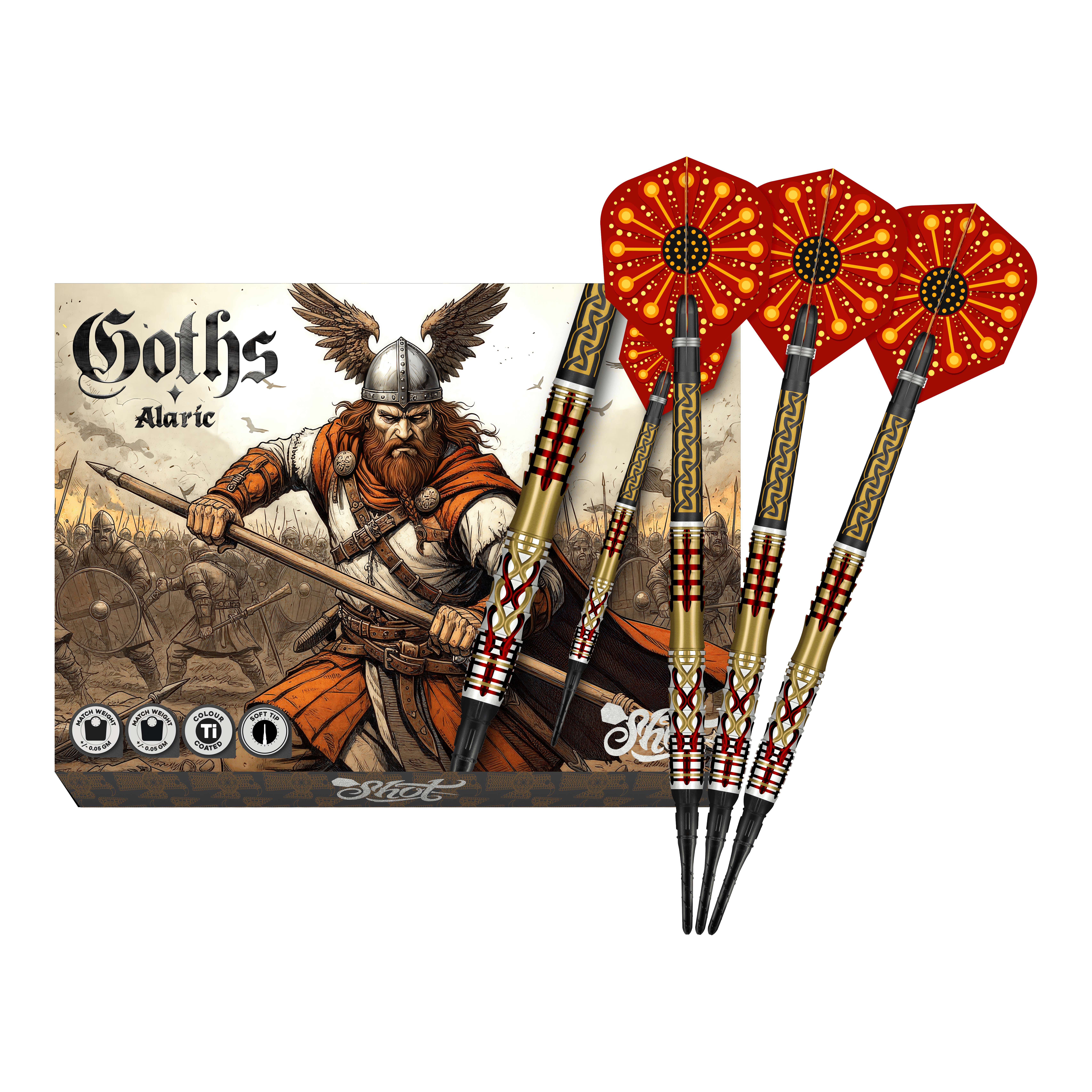 Shotki miękkie Shot Goths Alaric - 20g Abgebildet sind die Shot Goths Alaric Softdarts - 20g in voller Ansicht. Die gesamte Länge der Darts ist deutlich erkennbar.