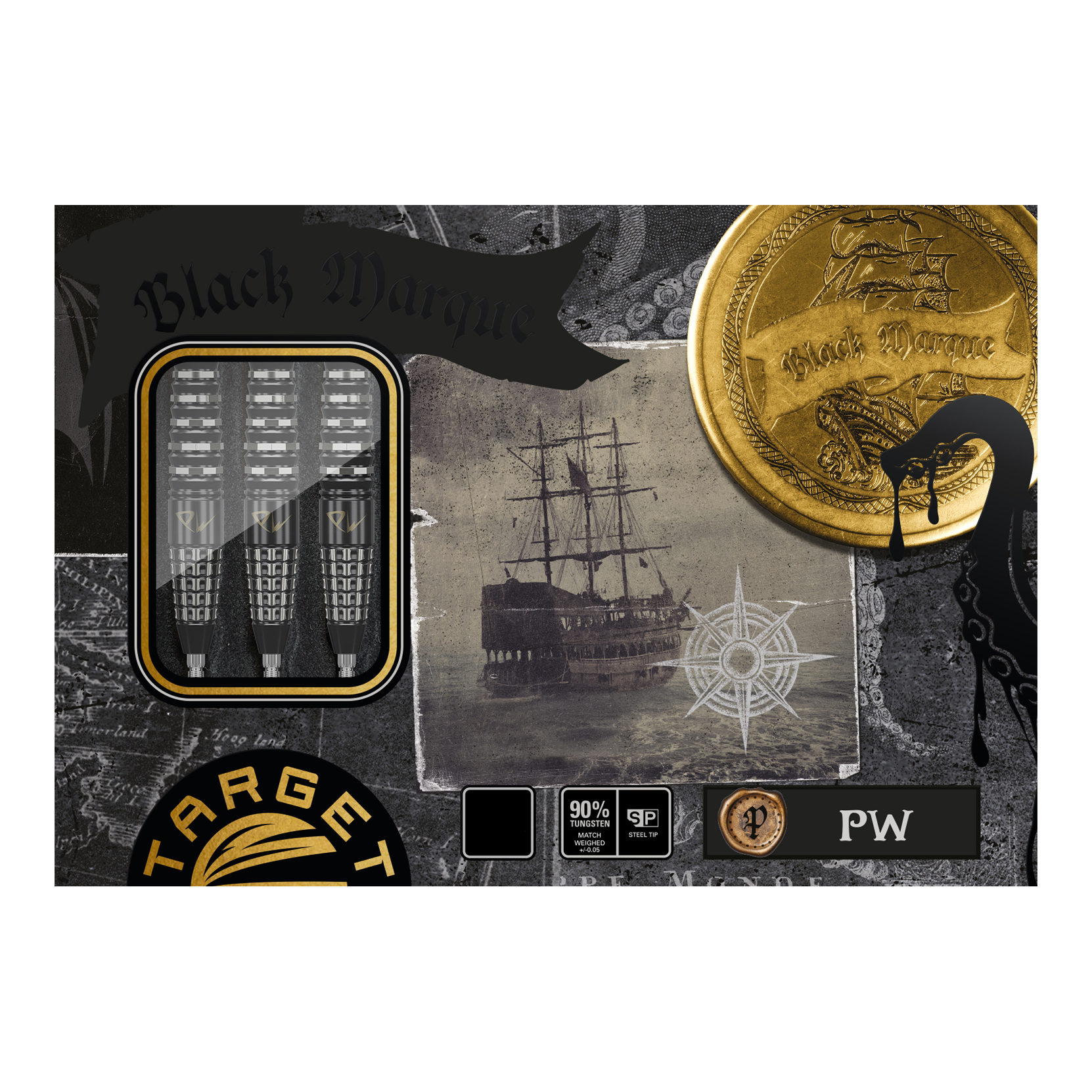 Das Bild zeigt die Verpackung der "Target Japan Black Marque PW Swiss Point Steeldarts". Auf der Verpackung sind drei Darts, ein Segelschiff und ein goldener Münzmotiv abgebildet.