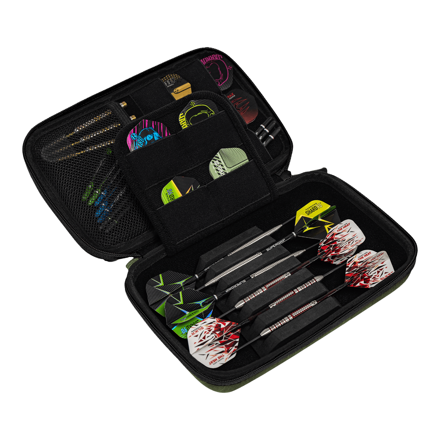 Etui na lotki Harrows Smart Case XL Das Bild zeigt ein offenes Dart-Etui mit mehreren Fächern. Darin befinden sich drei zusammengesetzte Darts sowie diverses Dart-Zubehör und Ersatzteile.
