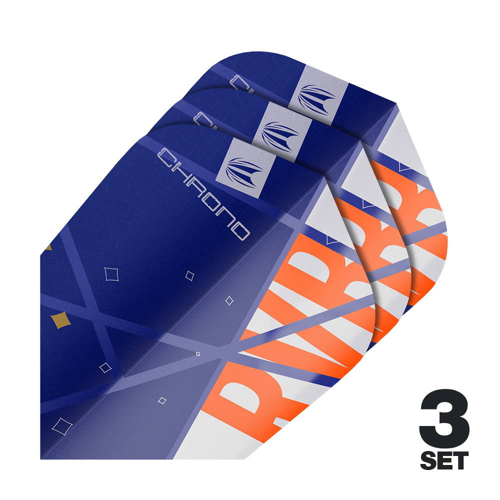 Target Pro Ultra Raymond Van Barneveld Chrono Ten-X Standard Flights - 3 zestawy Auf dem Bild sind drei Sätze von Target Pro Ultra Raymond Van Barneveld Chrono Ten-X Standard Flights zu sehen. Die Flights sind überwiegend blau mit orangefarbenen und weißen Akzenten gestaltet.