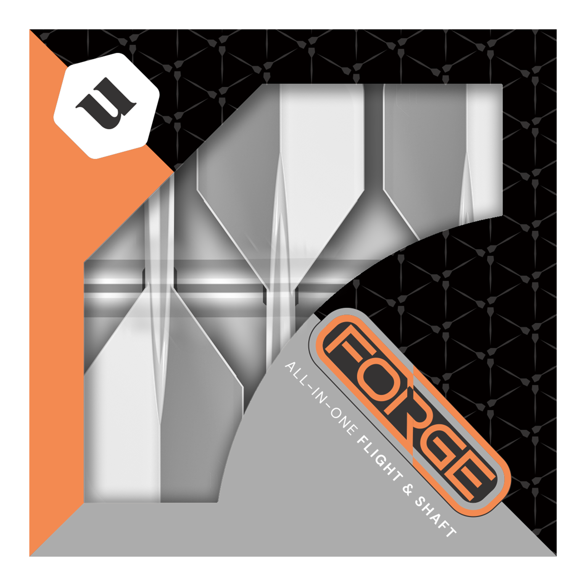 Unicorn Forge All In One Plus No2 Standard Flights Clear - Medium Das Bild zeigt die Verpackung des Produkts „Unicorn Forge All In One Plus No2 Standard Flights Clear - Medium“. Die Verpackung ist in Schwarz, Orange und Grau gehalten und zeigt die Flights und Shafts durch ein Sichtfenster.