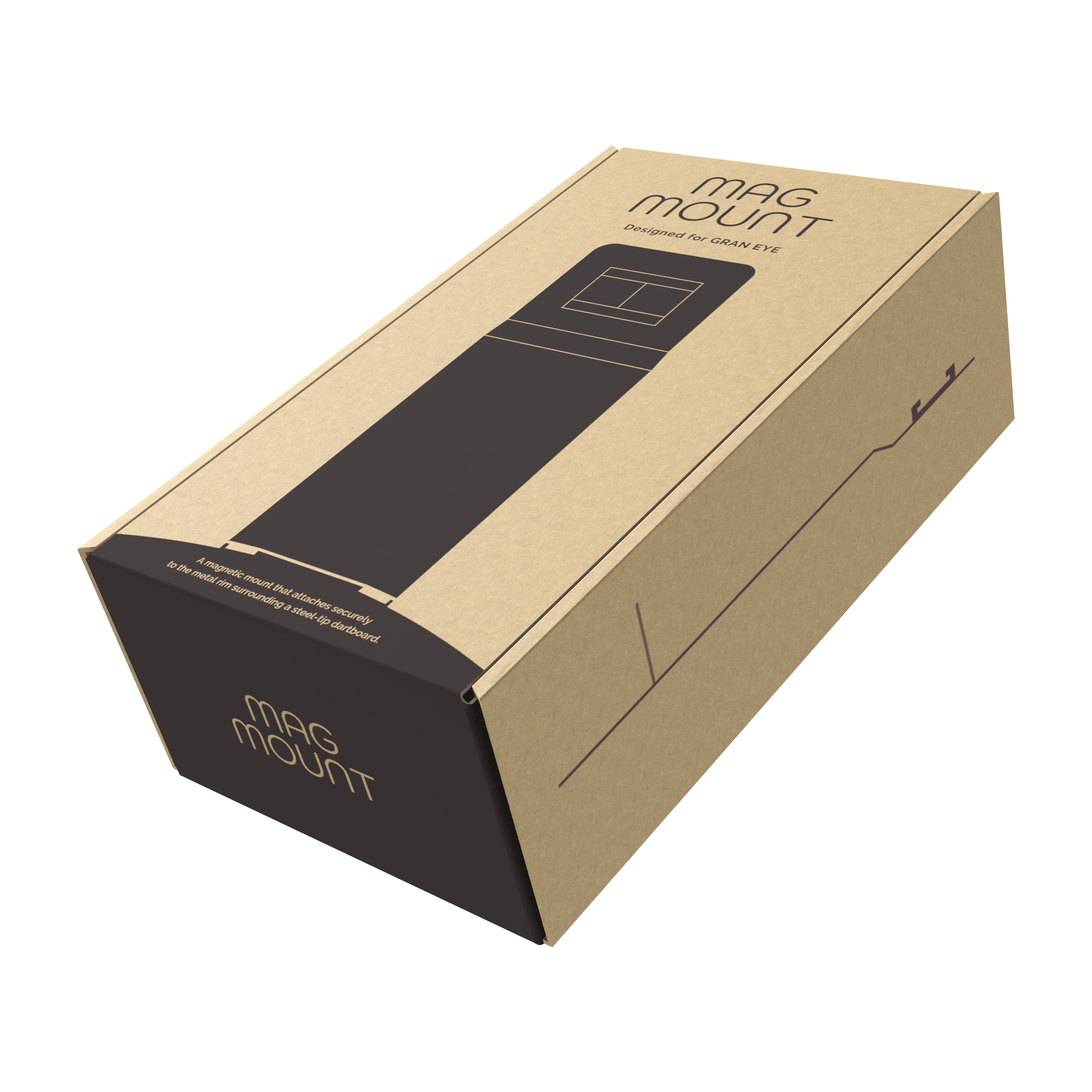 Mocowanie GranDarts Gran Eye Mag Die Abbildung zeigt eine Verpackung des Produkts "GranDarts GranEye Mag Mount Befestigung". Die Schachtel ist aus braunem Karton und trägt die Aufschrift "Mag Mount".