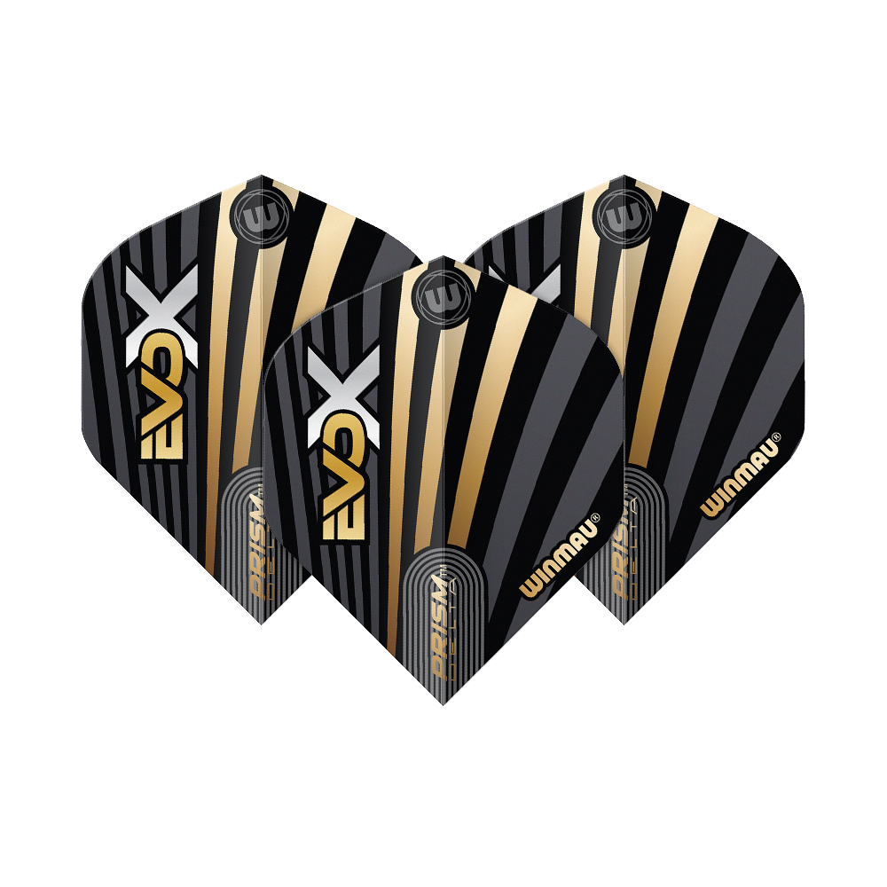 Winmau Prism Delta MvG Evo-X No2 Standard Flights Das Bild zeigt drei Winmau Prism Delta MvG Evo-X No2 Standard Flights. Sie haben ein schwarzes Design mit goldenen und silbernen Streifen sowie dem Winmau-Logo.