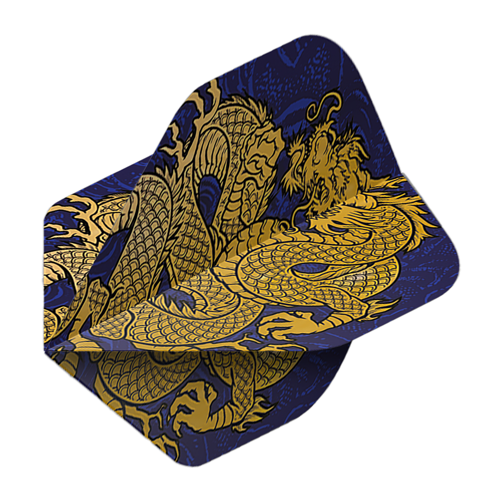 Pentathlon Flights Dragon niebieski Das Bild zeigt die Pentathlon Dragon 4 Standard Flights. Auf den Flights ist ein goldener Drache auf dunkelblauem Hintergrund abgebildet.