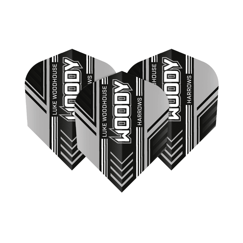 Harrows Prime Luke Woodhouse Woody No6 Flights Das Bild zeigt drei Dart-Flights mit dem Aufdruck "WOODY", "LUKE WOODHOUSE" und "HARROWS". Die Flights sind in Schwarz, Weiß und Grau gestaltet und haben ein modernes Streifendesign.