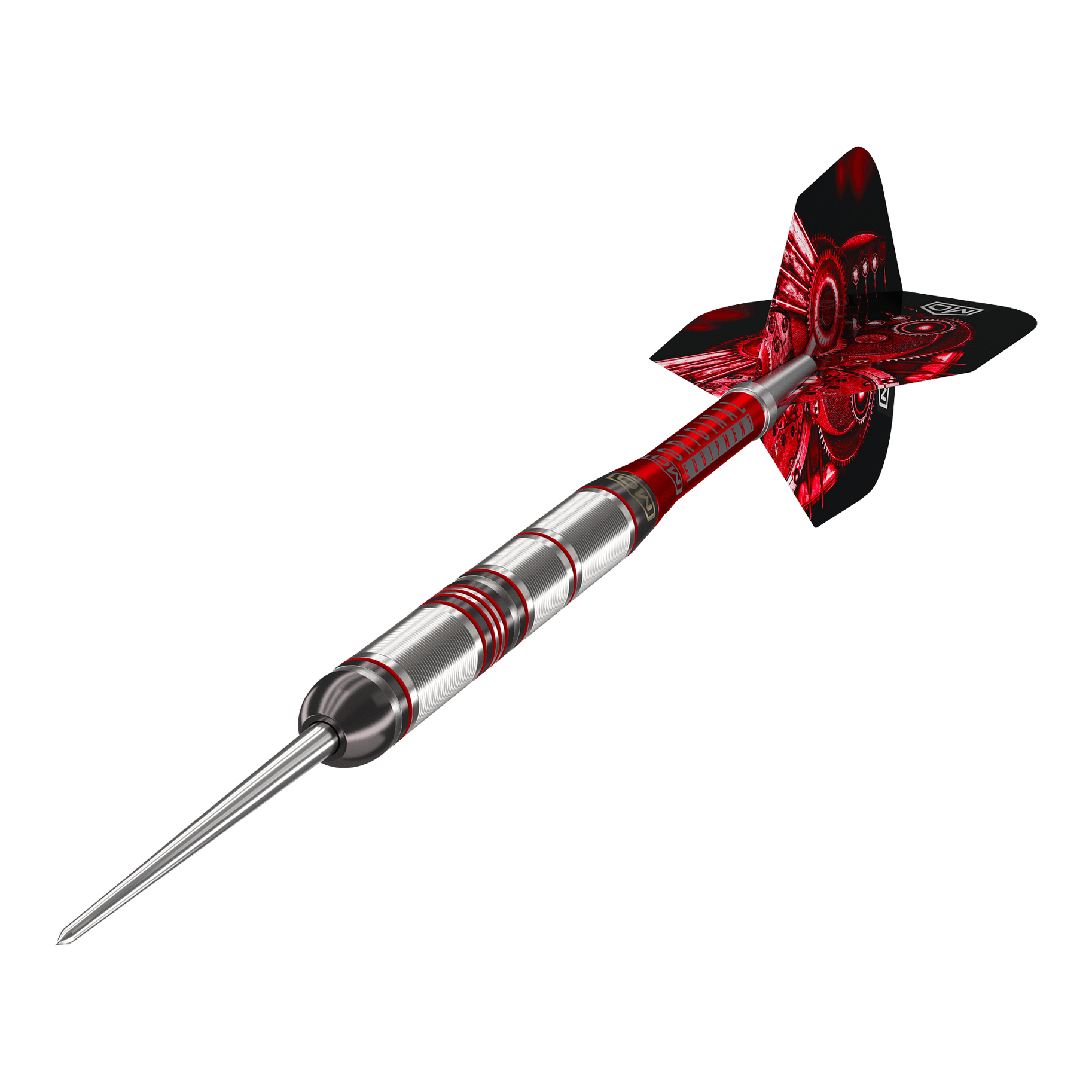 Stalowe lotki DW Piranha Razor 01 Das Bild zeigt einen DW Piranha Razor 01 Steeldart. Der Dartpfeil hat ein silbernes Barrel mit roten Akzenten und rote Flights.