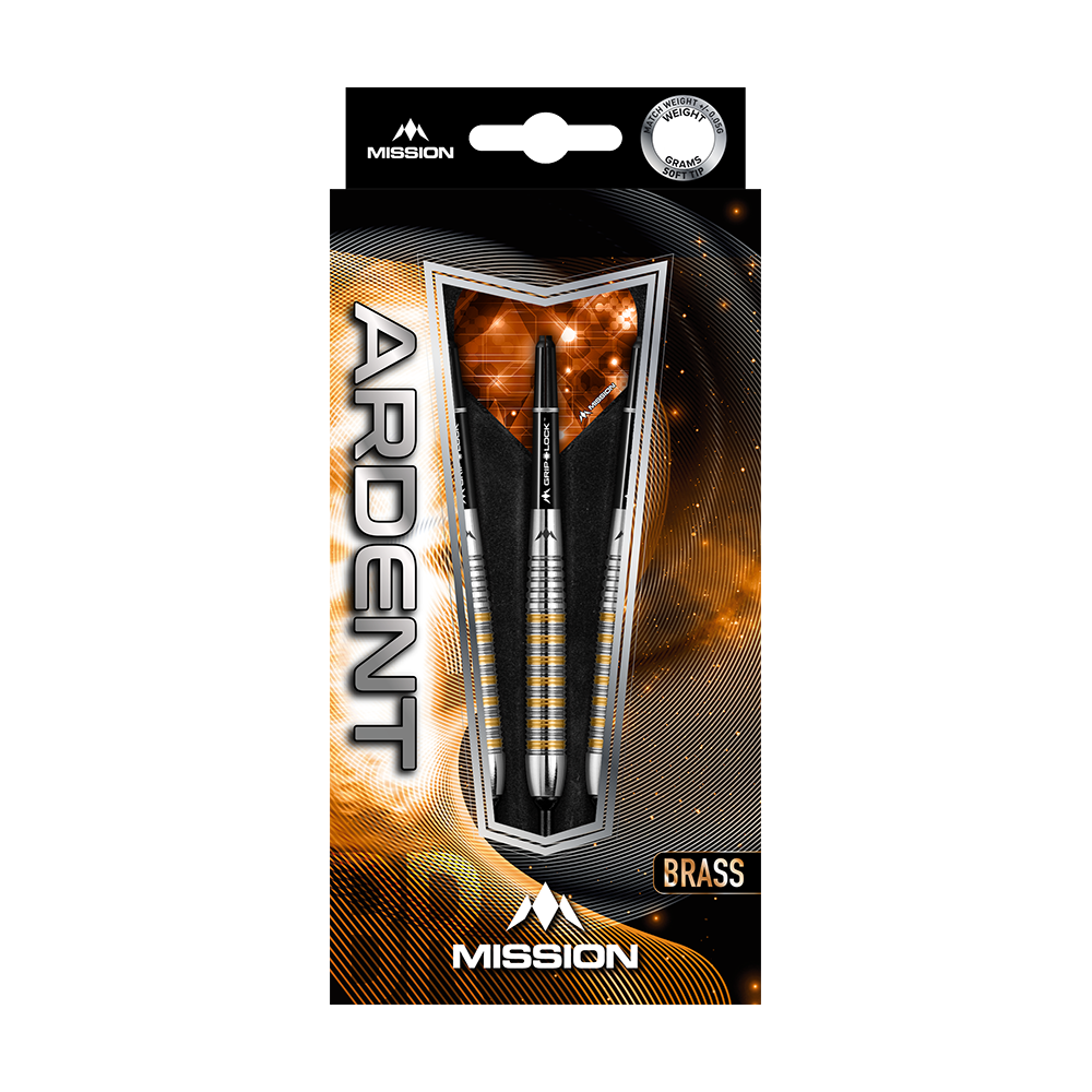 Das Bild zeigt die Mission Ardent Model 2 Softdarts mit einem Gewicht von 18g in ihrer Verpackung. Die Darts haben ein modernes Design mit silbernen und goldenen Akzenten und sind aus Messing gefertigt.