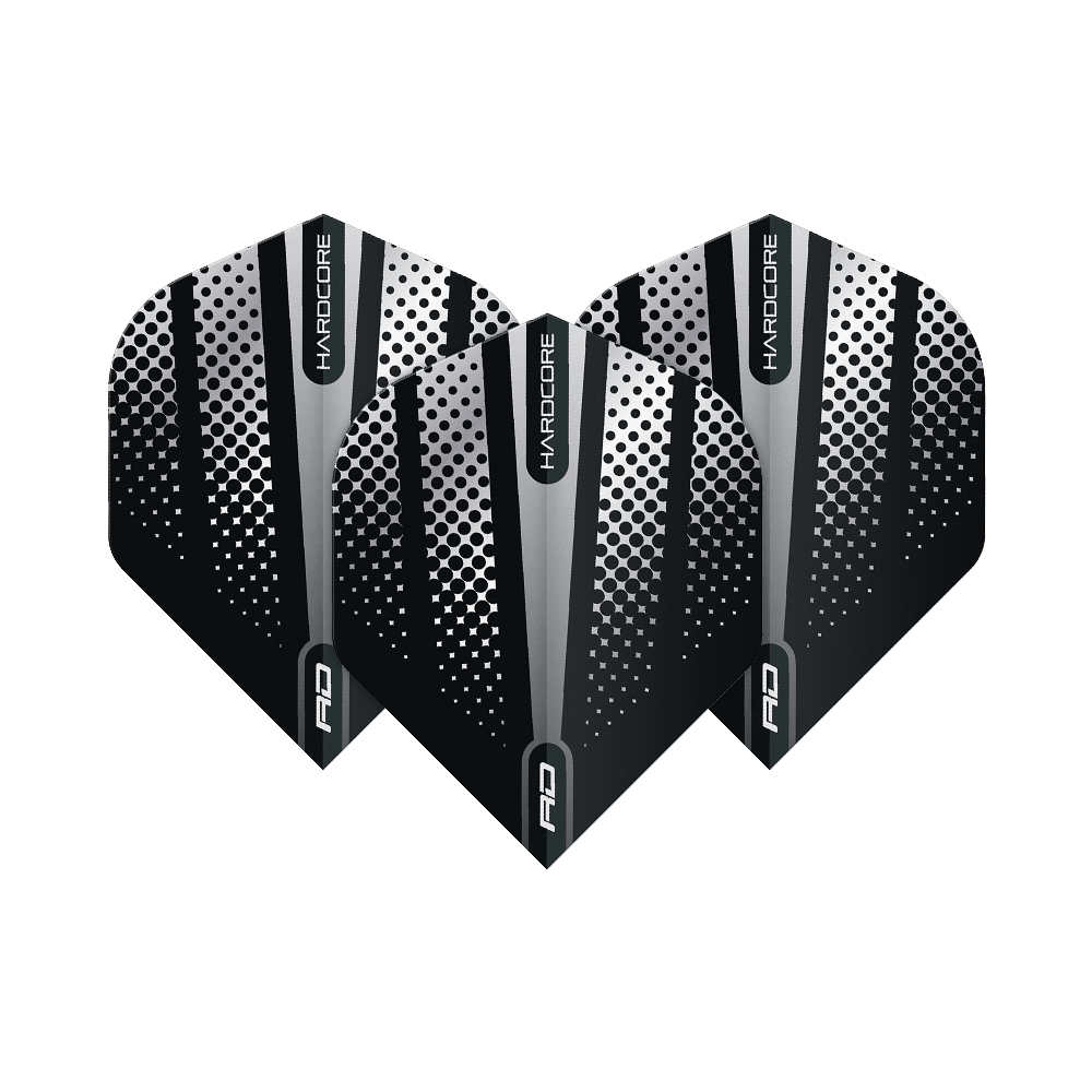 TF6507_Red_Dragon_Hardcore_Radical_Black_Flash_Standard_Flights_1pHSIbILMHMM50 Das Bild zeigt drei Dart-Flights des Produkts "Red Dragon Hardcore Radical Black Flash Standard Flights". Die Flights sind schwarz mit silbernen und weißen Punkten und Streifen gestaltet.