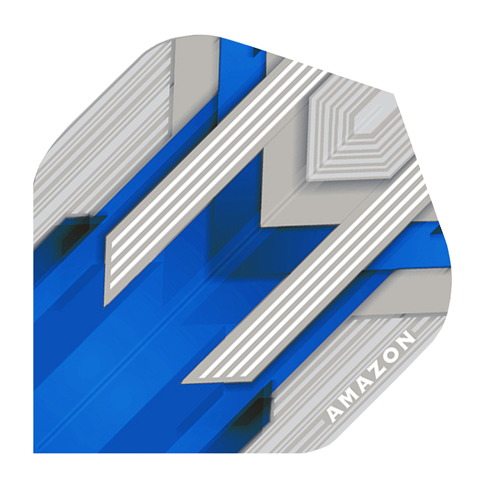 A-33-Amazon-Silver-No2-Blue-Flights012D63u0suw7E Das Bild zeigt ein Amazon Silver No.2 Blue Flight mit einem geometrischen Muster in Blau, Silber und Weiß. In der Ecke steht das Wort "AMAZON" in weißen Buchstaben.