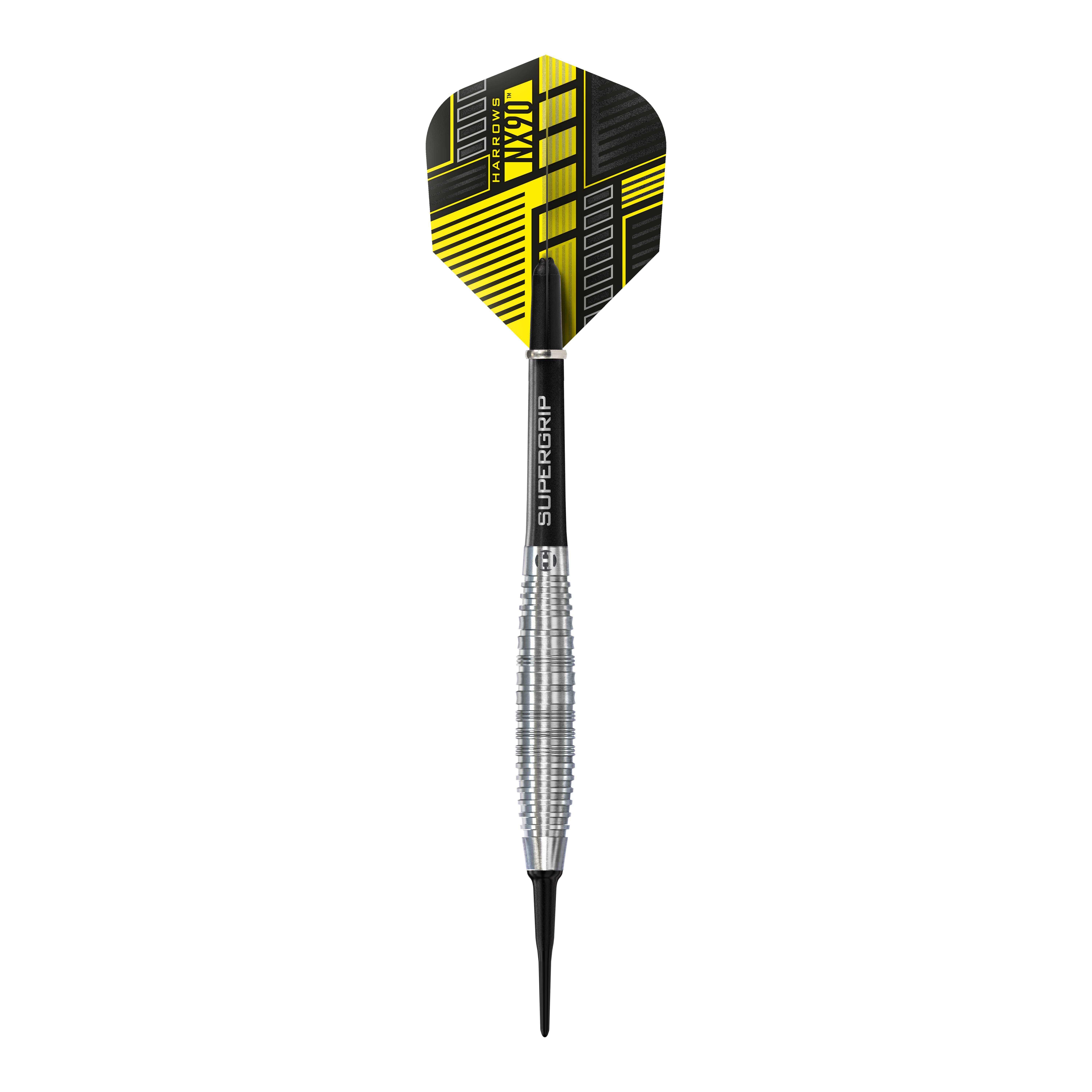 Harrows NX90 Bomb Soft Darts Das Bild zeigt einen Harrows NX90 Bomb Softdart mit einem silbernen, geriffelten Barrel. Die Flight-Feder ist schwarz und gelb gemustert und trägt den Produktnamen.
