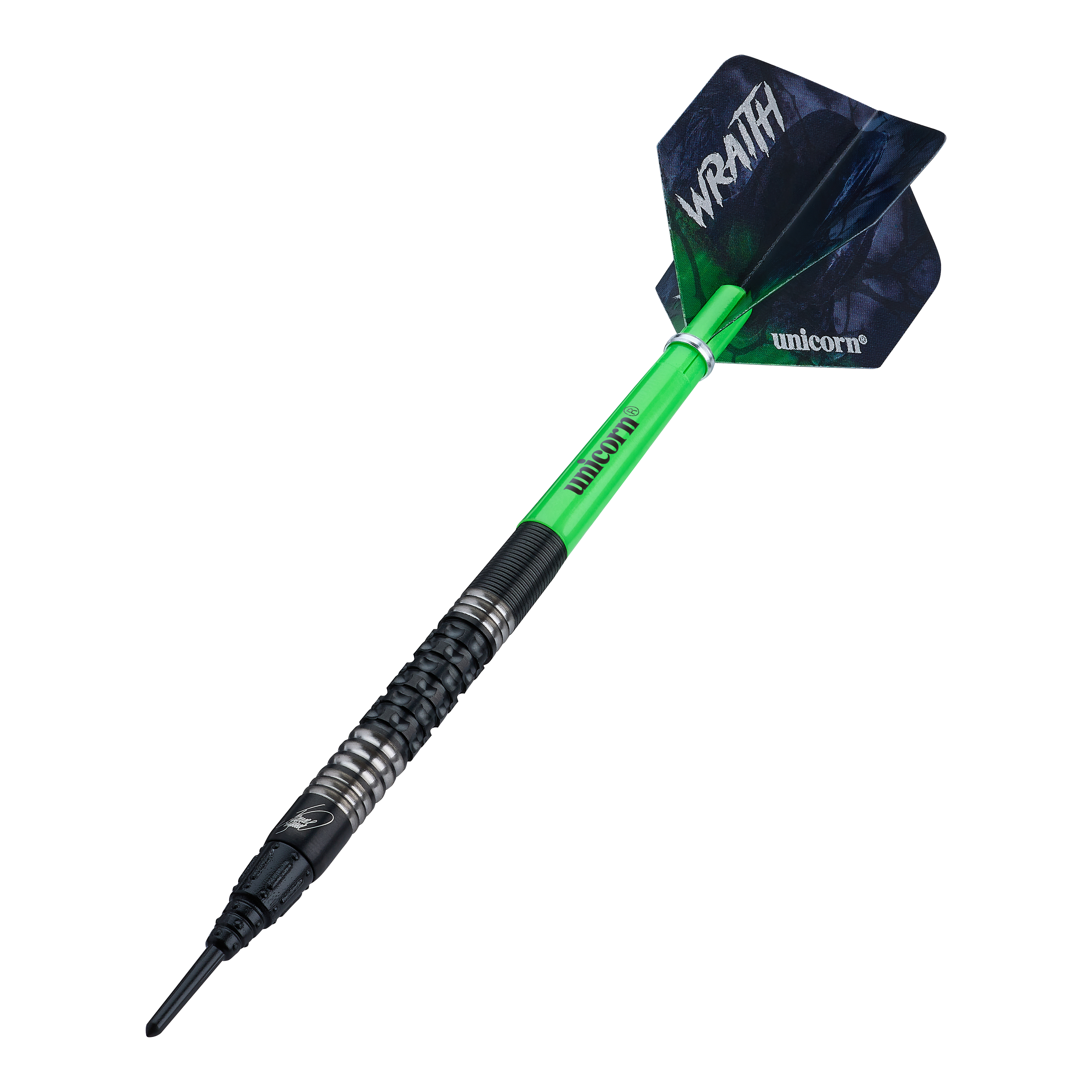 Die Unicorn Wraith James Wade Softdarts - 19g sind auf dem Bild dargestellt. Diese Darts sind ein offizielles James Wade Modell.