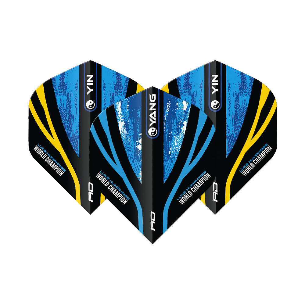 Czerwony Smok Luke Humphries Mistrz Świata Blue Gold Yin Yang Standard Flights Das Bild zeigt drei Dart-Flights mit dem Design "Red Dragon Luke Humphries World Champion Blue Gold Yin Yang Standard Flights". Die Flights sind in Blau, Schwarz und Gold gehalten und tragen die Aufschrift "World Champion".