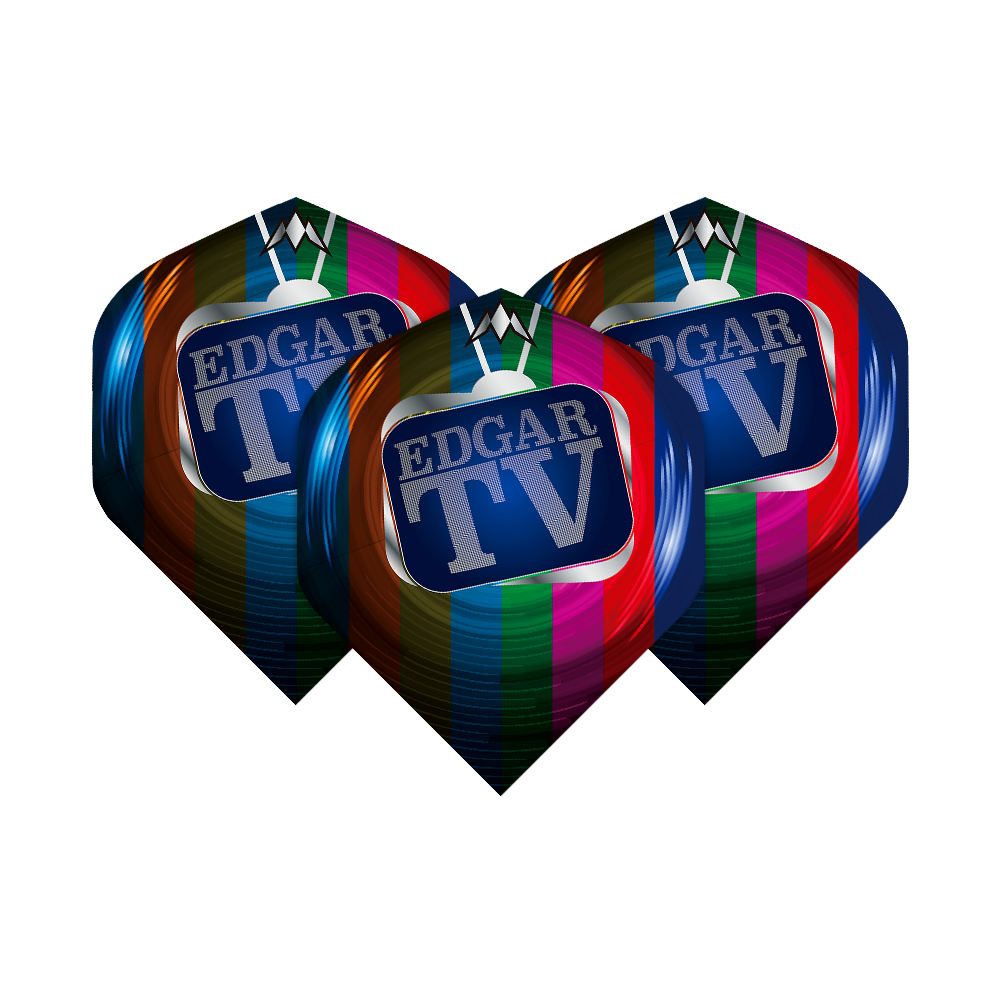 Misja Solo Matt Edgar nr 2 Standardowe loty Das Bild zeigt drei bunte Dart-Flights mit dem Aufdruck "EDGAR TV" auf einem Fernsehbildschirm. Die Flights sind Teil des Produkts "Mission Solo Matt Edgar No2 Standard Flights".