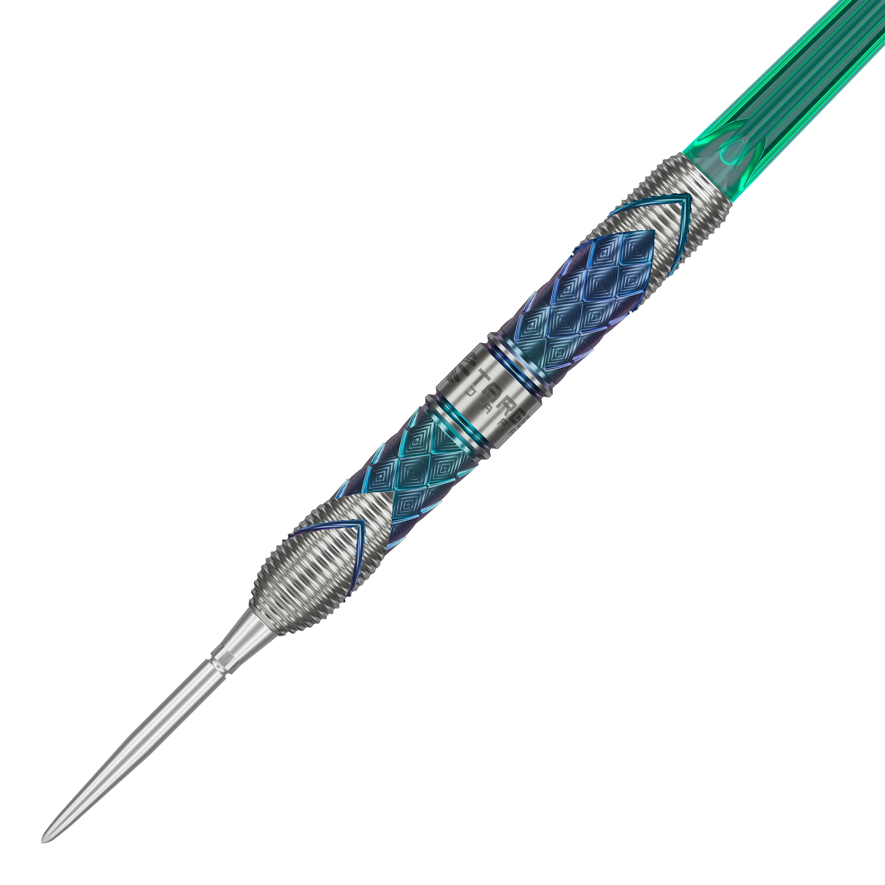 Dies ist ein Target Japan Kaze Series Ceros 03 Steeldart mit einem Gewicht von 24g. Der Dartpfeil hat ein auffälliges Design mit blauen und silbernen Mustern und einer grünen Kunststoff-Flightschaft.