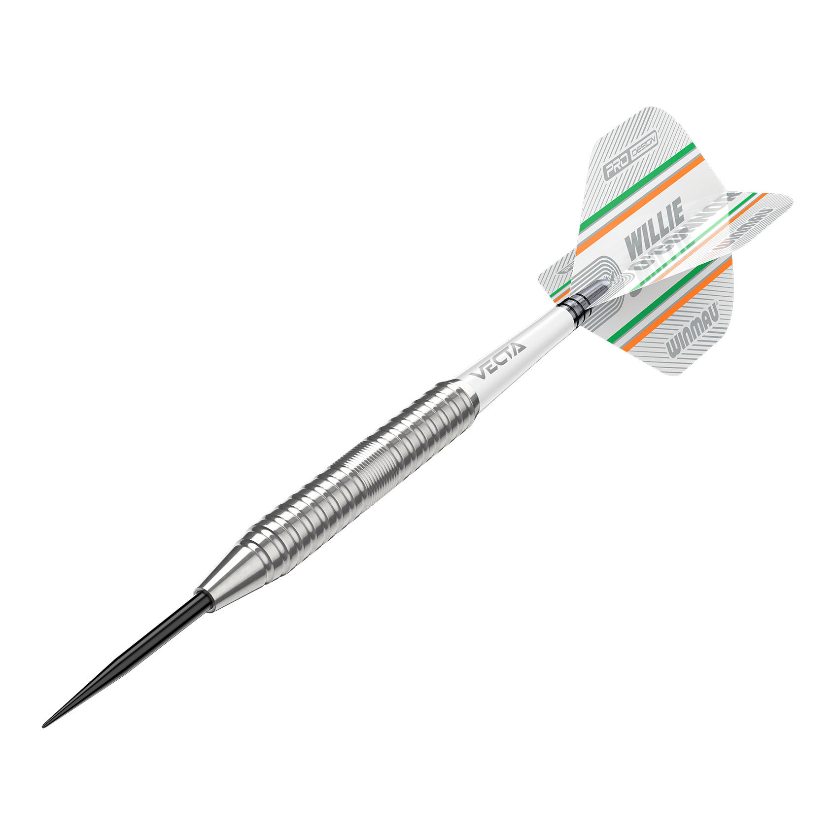 Lotki stalowe Winmau Willie O'Connor - 23g Das Bild zeigt einen silbernen Steeldartpfeil mit dem Namen "Winmau Willie O'Connor Steeldarts - 23g". Auf dem Flight sind grüne und orange Streifen sowie der Name "Willie O'Connor" zu sehen.