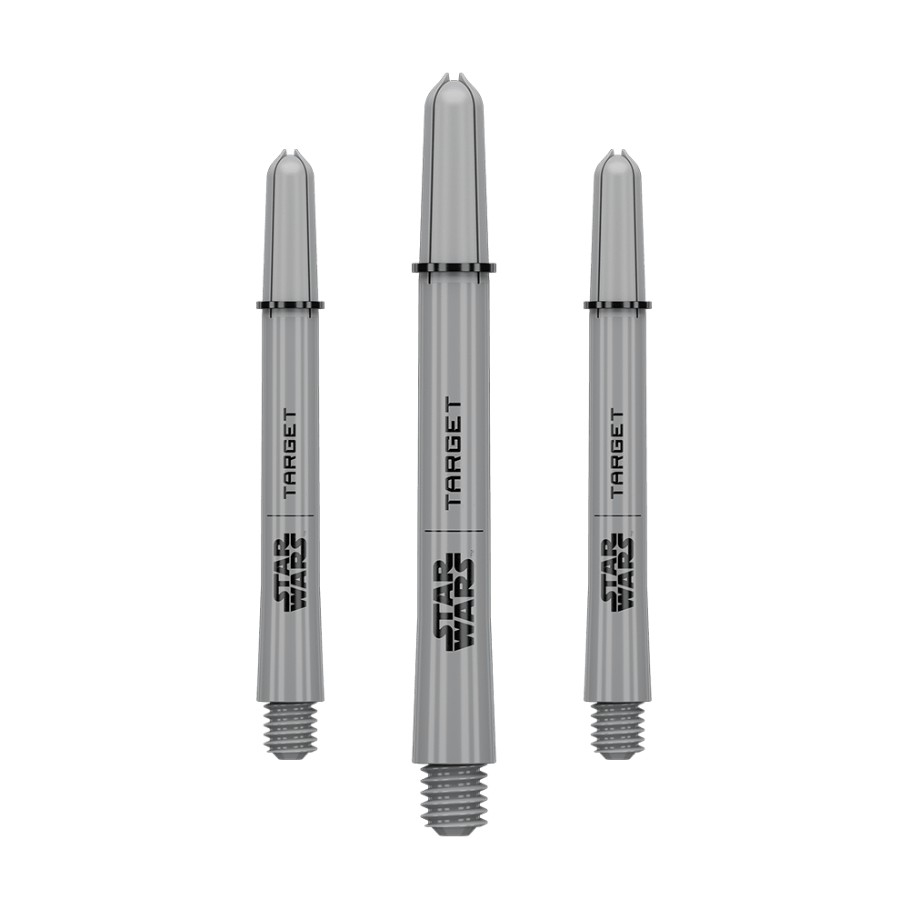 Wałki Target Star Wars ProGrip – szare Das Bild zeigt ein Dart-Zubehör mit dem Dateinamen 380432_Target_StarWars_ProGrip_Shafts_Grau_Medium_48mm_1Set. Es handelt sich vermutlich um einen grauen Medium ProGrip Shaft von Star Wars mit 48mm Länge als Set.
