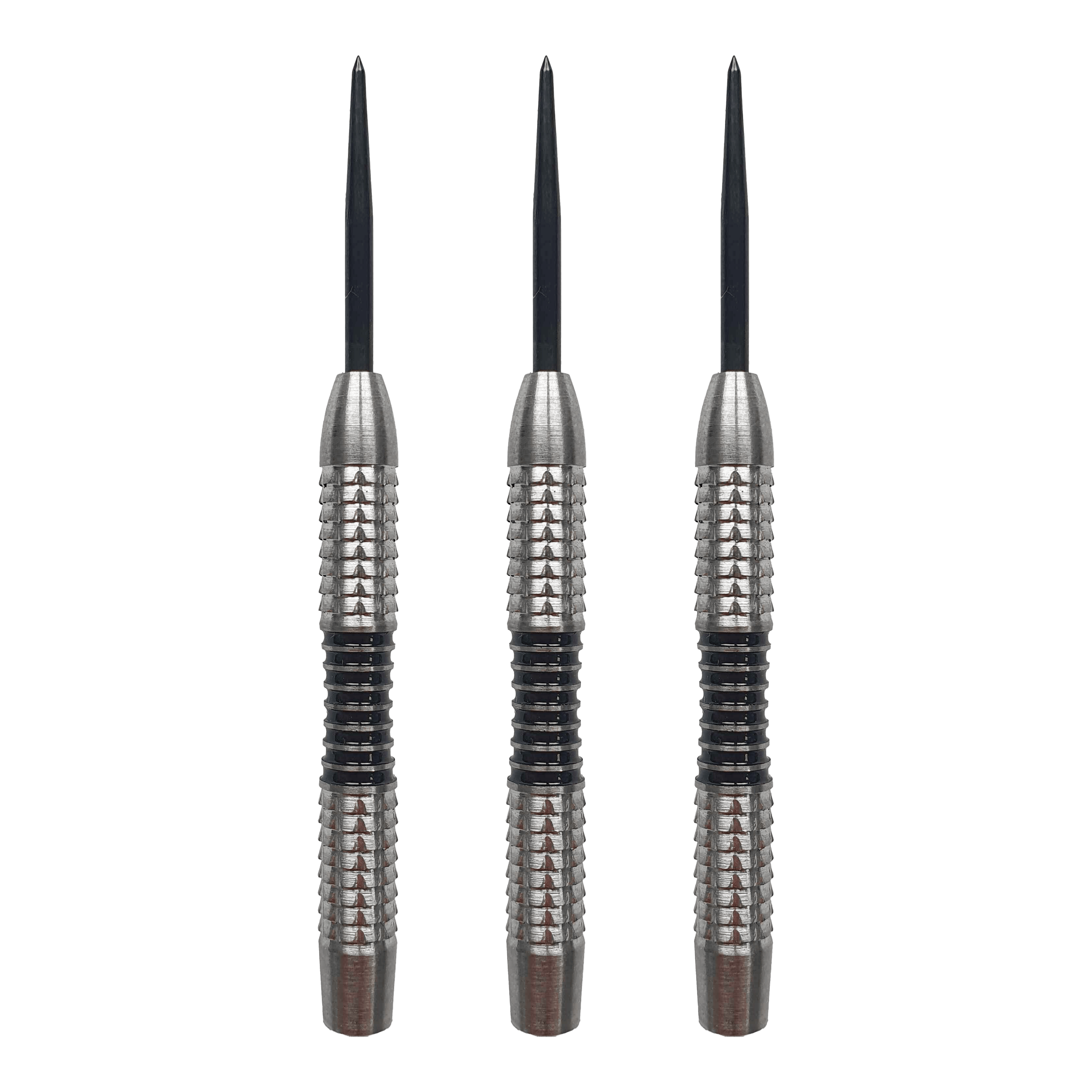 Das Bild zeigt drei silberne Steeldart-Barrels mit schwarzen Streifen in der Mitte. Sie sind von der Marke McDart und stehen nebeneinander aufrecht.