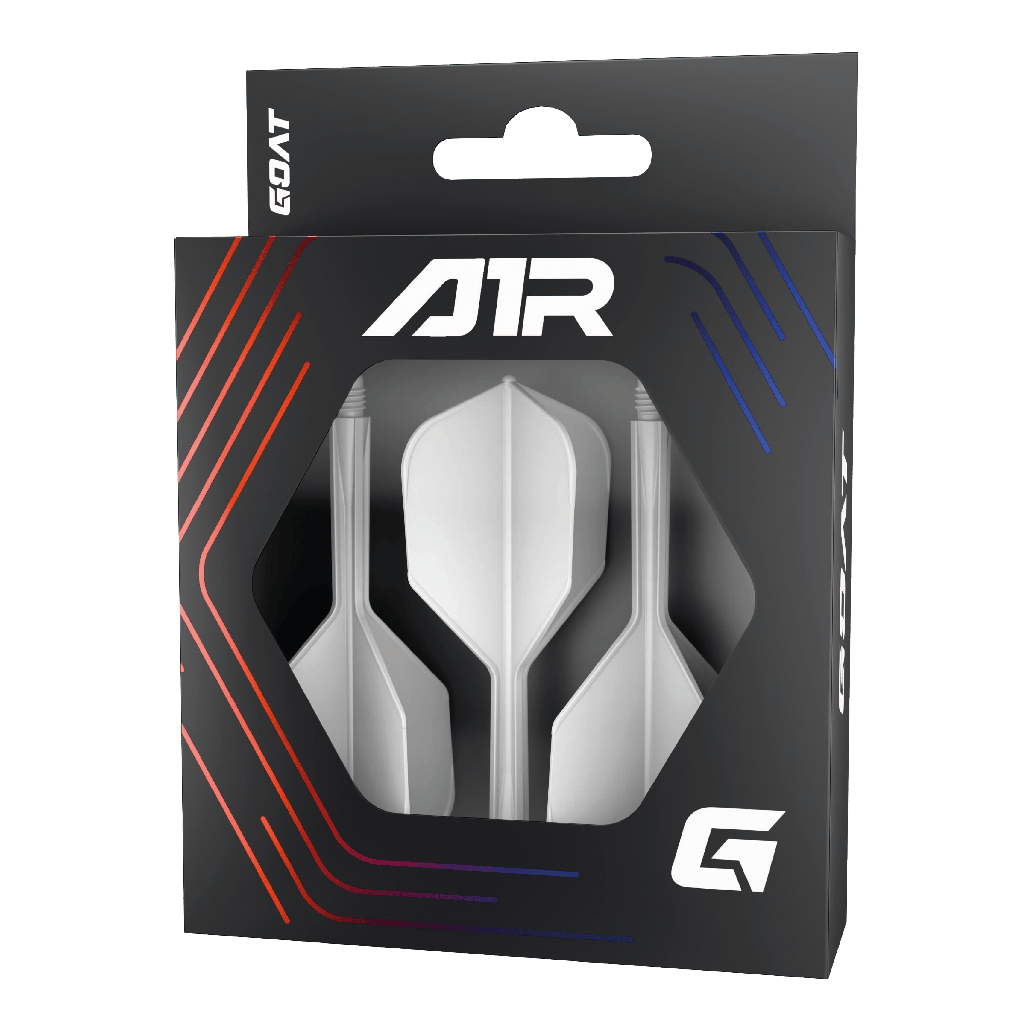 System wału lotniczego GOAT A1R No6 - biały Die Abbildung zeigt das Produkt „GOAT A1R No6 Flight-Shaft-System - Weiß“ in einer schwarzen Verpackung mit Sichtfenster. In der Verpackung sind drei weiße Dart-Flights mit Schäften zu sehen.