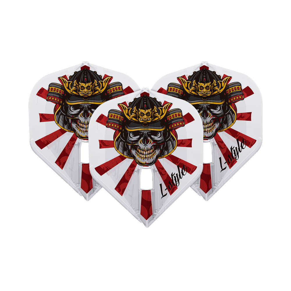 Auf dem Bild sind drei Dart-Flights des Modells "L-Style Robert Marijanovic V2 Samurai Clear L1PRO KAMI" zu sehen. Sie zeigen ein auffälliges Samurai-Schädel-Design mit roten Strahlen auf weißem Hintergrund.