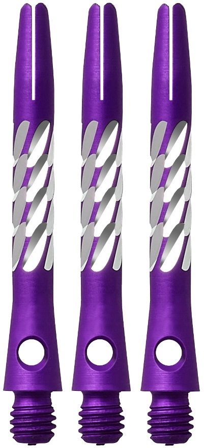 78994-Unicorn-Premier-Shaft-Purple-Short Das Bild zeigt drei lila Aluminium-Schäfte für Darts mit silbernen Akzenten. Sie sind als "Unicorn Premier Aluminium Shafts - Lila" bekannt.