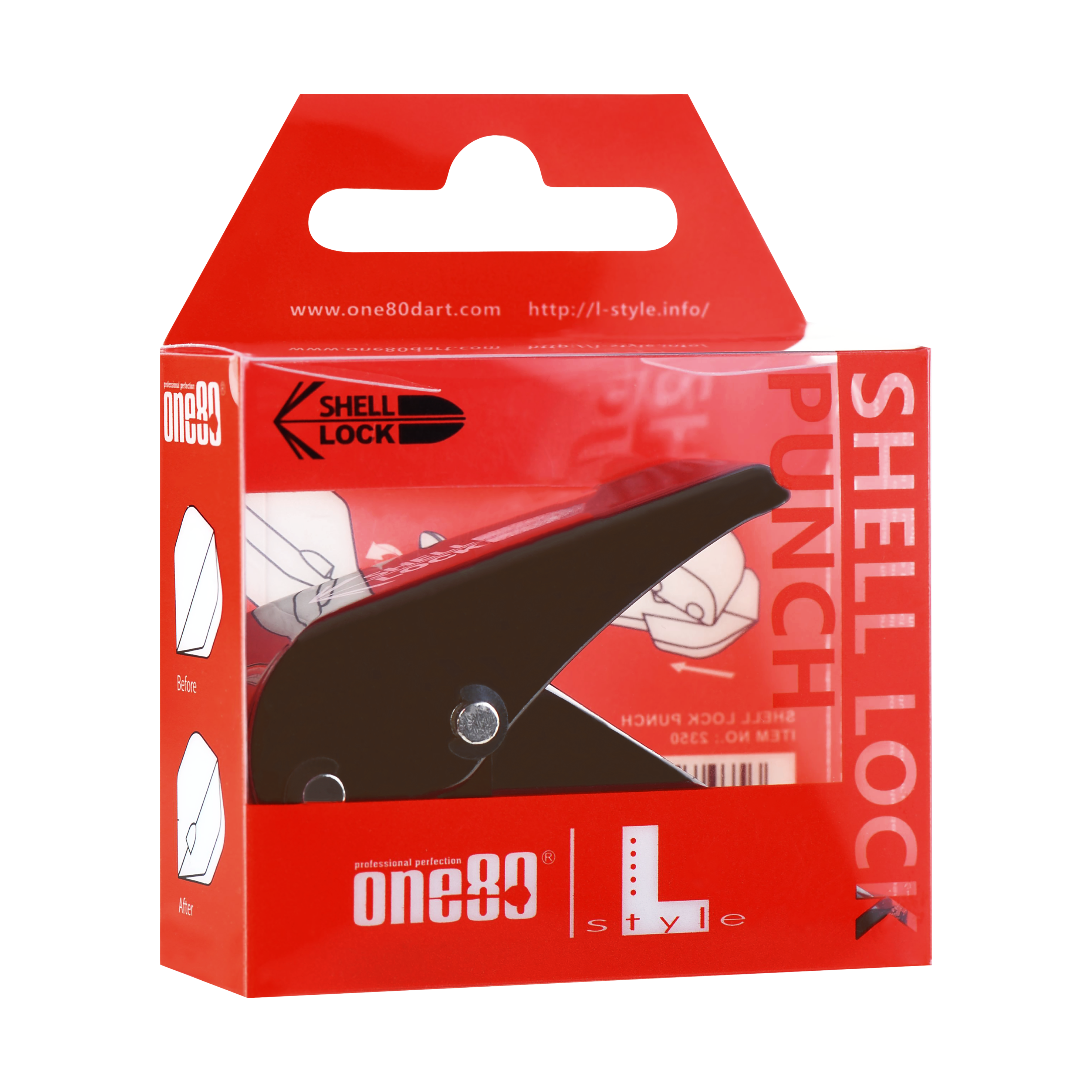 Dziurkacz typu L-Style One80 Shell Lock Punch Flight Punch Das Bild zeigt die Verpackung des Produkts "L-Style One80 Shell Lock Punch Flightlocher". In der Packung befindet sich ein schwarzer Lochstanzer für Dart-Flights.