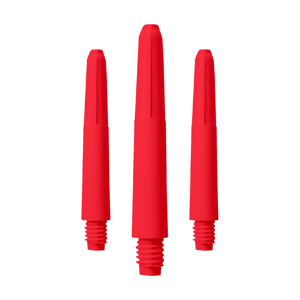 Das Bild zeigt drei rote Nylon-Schäfte mit Gewinde. Sie sind als Zubehör für Darts geeignet.