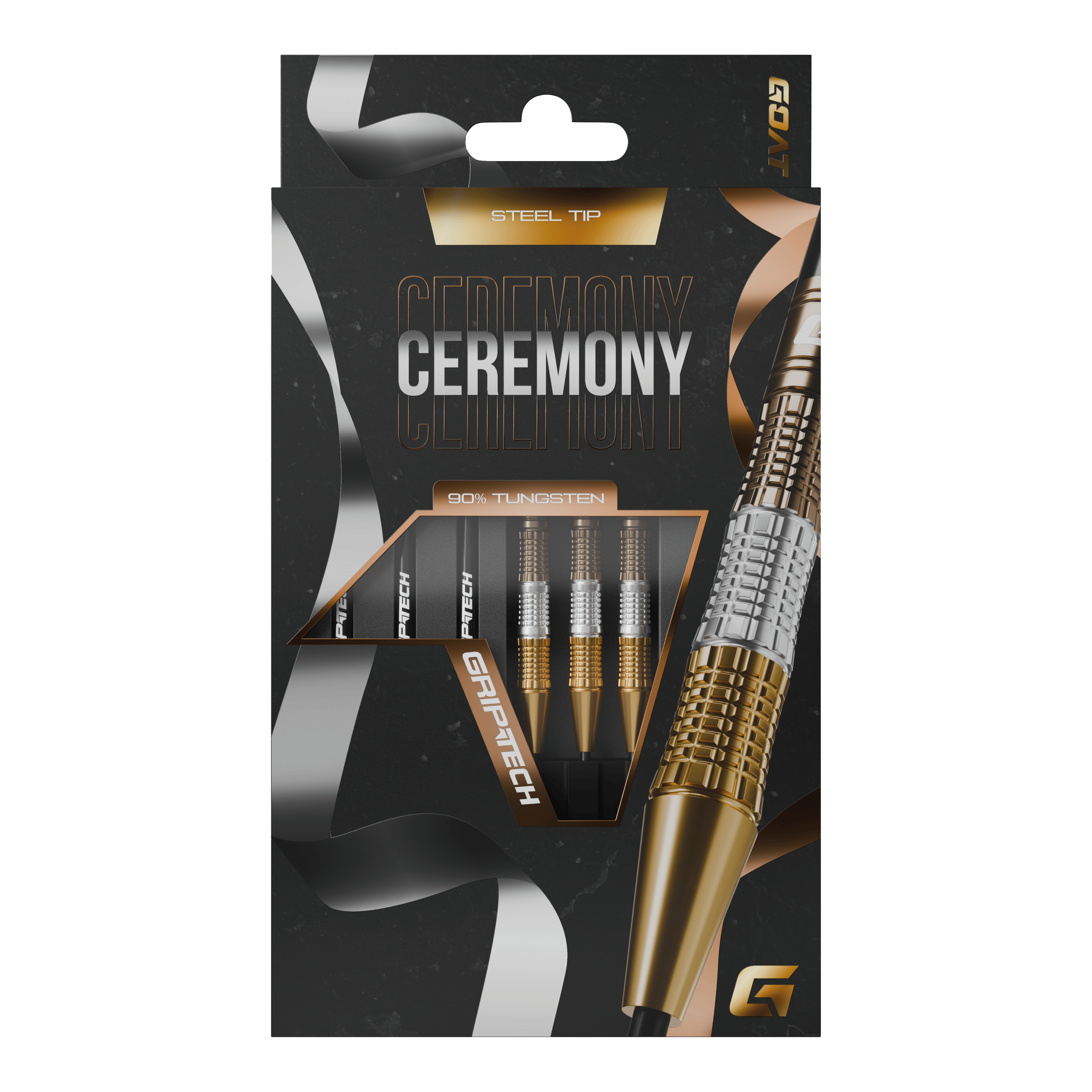 Die Abbildung zeigt eine Packung „GOAT Ceremony Tungsten Steeldarts“. Die Verpackung hebt die Eigenschaften wie 90% Tungsten und Grip-Tech besonders hervor.