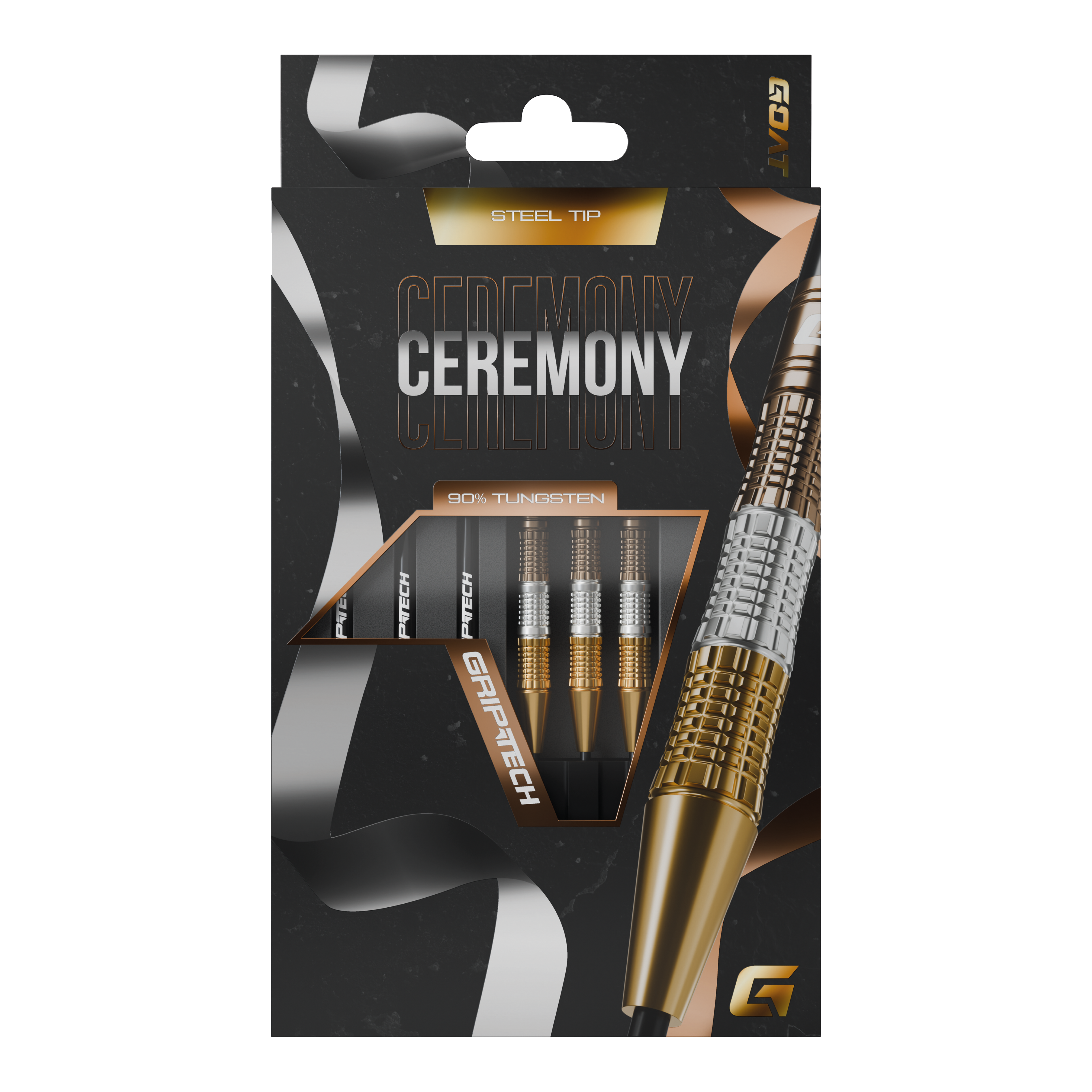 Rzutki ze stali wolframowej GOAT Ceremony Die Abbildung zeigt eine Packung „GOAT Ceremony Tungsten Steeldarts“. Die Verpackung hebt die Eigenschaften wie 90% Tungsten und Grip-Tech besonders hervor.