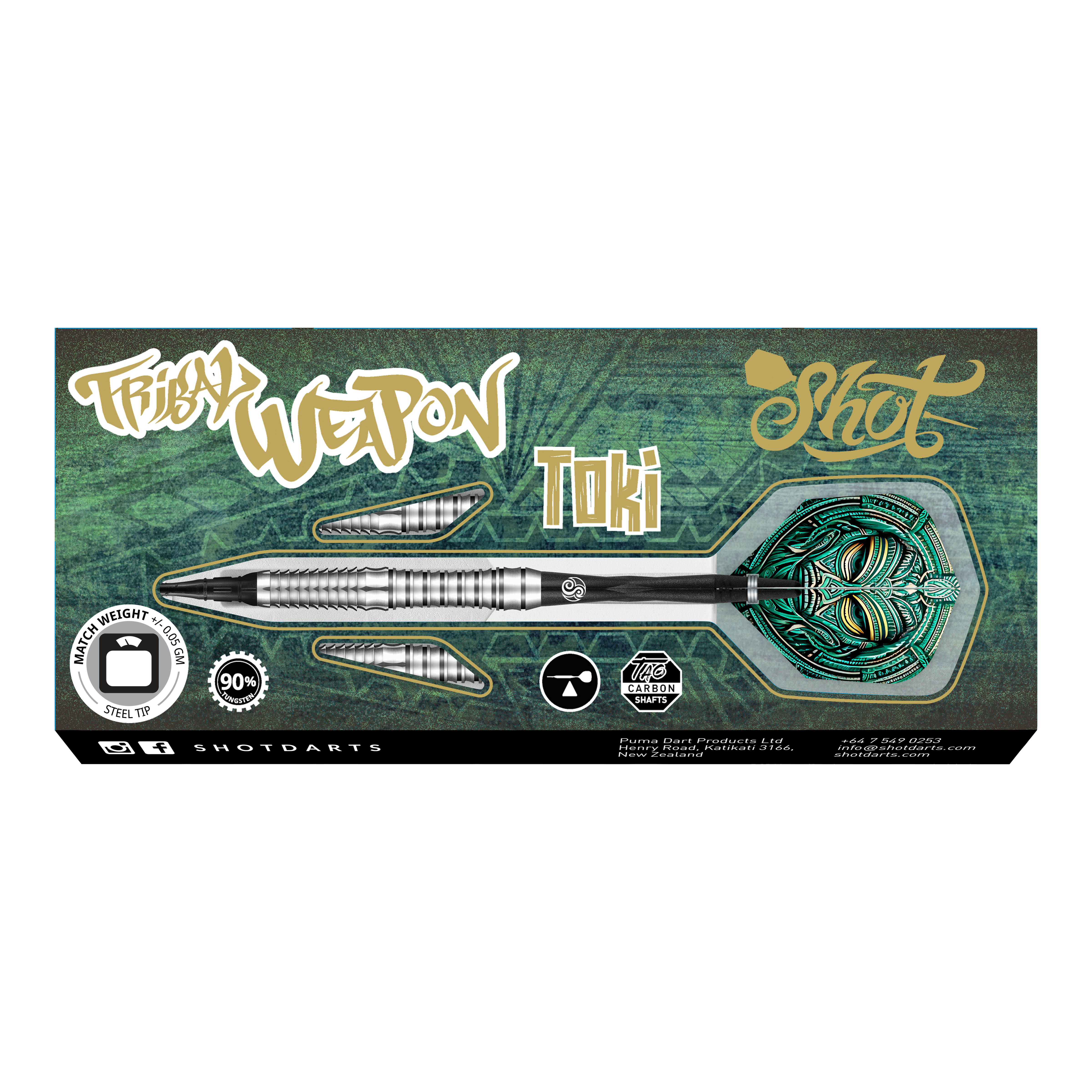 Miękkie lotki Shot Tribal Weapon Toki Das Bild zeigt die Verpackung der "Shot Tribal Weapon Toki Softdarts". Auf der Verpackung sind ein silberner Dartpfeil mit grünem Flight und verschiedene Beschriftungen abgebildet.