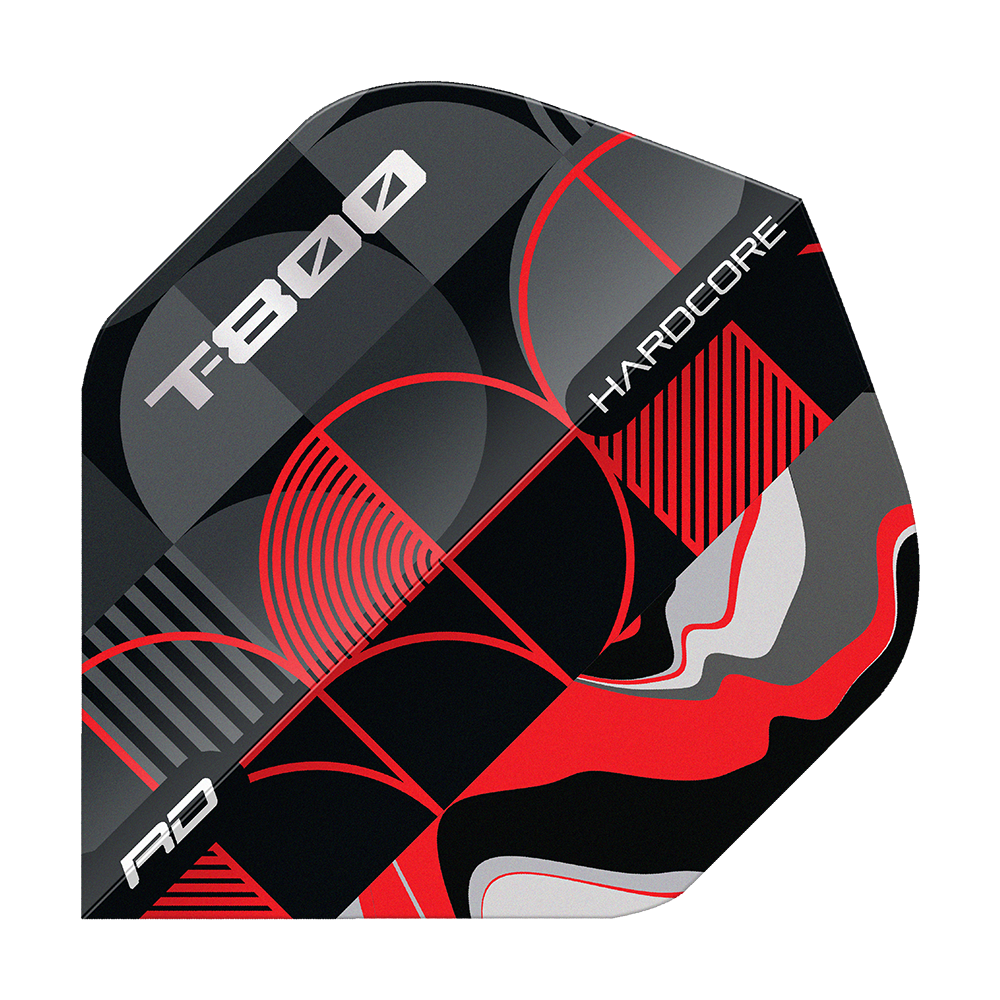 Red Dragon Hardcore T-800 No2 Standard Flights Das Bild zeigt ein Dart-Flight mit dem Namen "Red Dragon Hardcore T-800 No2 Standard Flights". Das Design ist in Schwarz, Rot, Silber und Grau mit geometrischen Mustern und den Aufschriften "T-800" und "Hardcore" gestaltet.