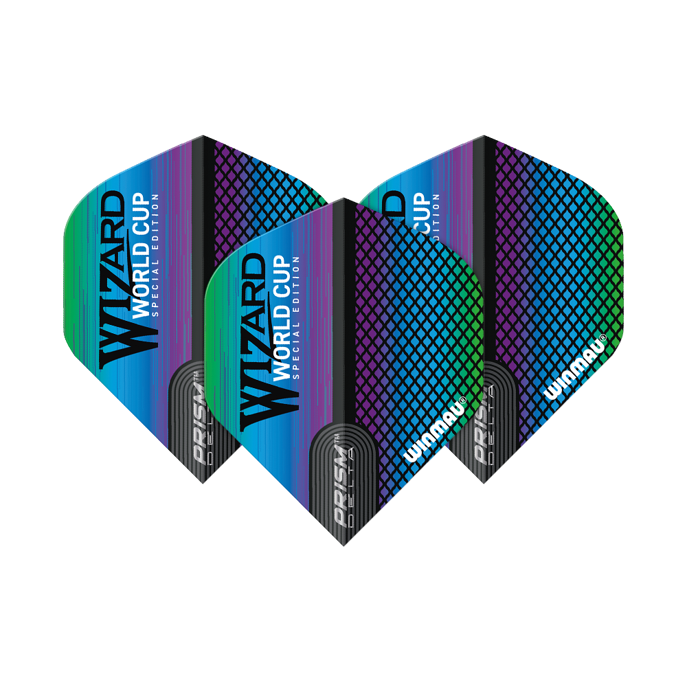 6915-253_Winmau_Prism_Delta_Wizard_Rainbow_Standard_Flights_1Qn9CGLWyzGwax Das Bild zeigt drei bunte Dart-Flights mit dem Aufdruck „WIZARD WORLD CUP SPECIAL EDITION“. Die Flights sind von der Marke Winmau und gehören zur Prism Delta Wizard Rainbow Standard Serie.