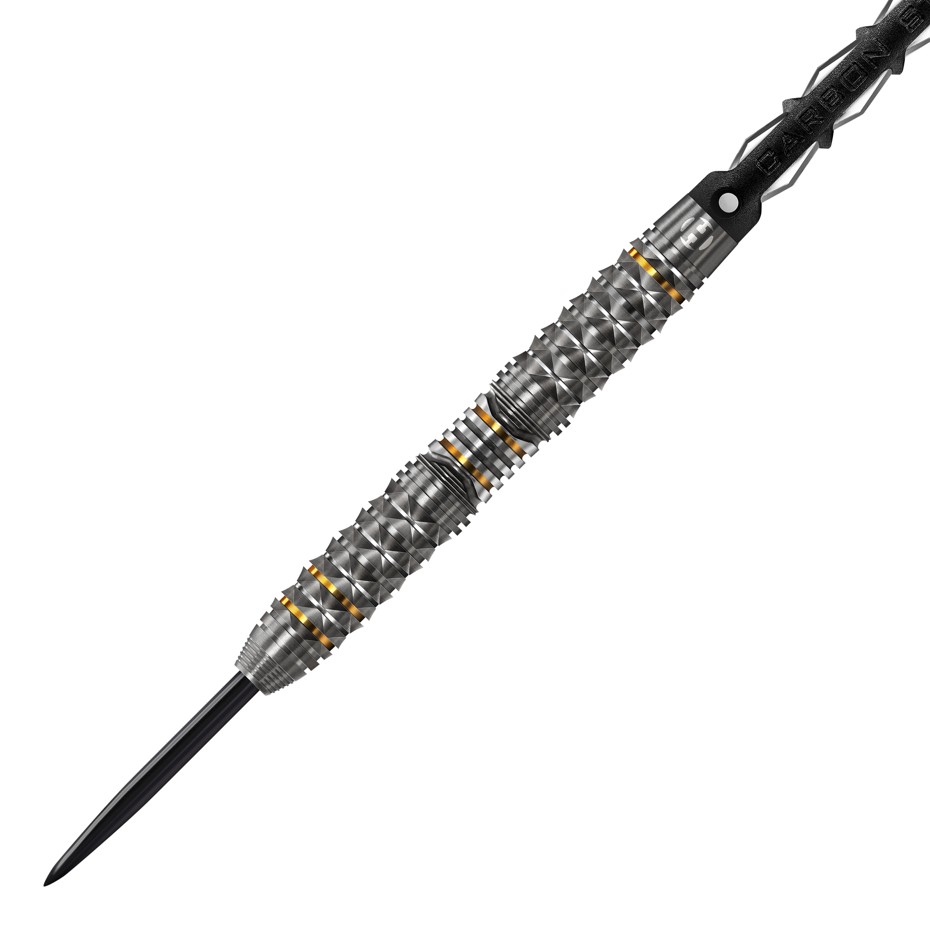 Harrows Opus Steeldarts Das Bild zeigt einen Harrows Opus Steeldart. Der Dartpfeil hat ein silbernes, strukturiertes Design mit goldenen Akzenten.