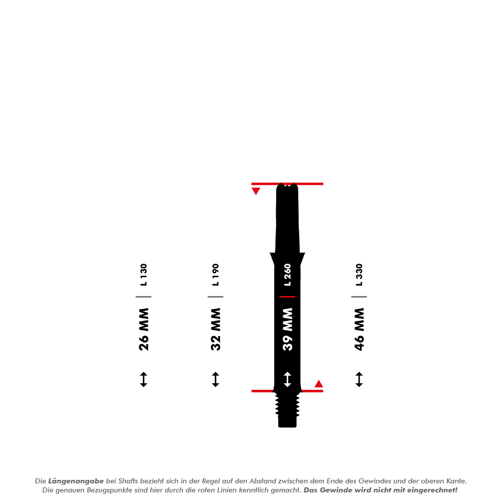 Wałki L-L-Style-Shafts Silent Straight - białe Das Bild zeigt verschiedene Längen von geraden Dartshafts, die in Millimetern angegeben sind. Die L-Shaft mit einer Länge von 39 mm ist in der Mitte hervorgehoben dargestellt.
