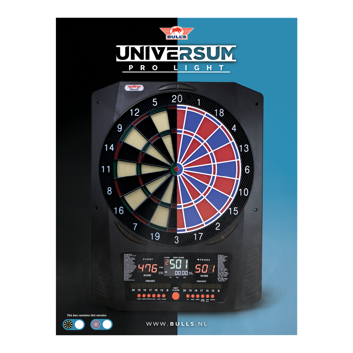 Elektroniczna tarcza do darta Bulls NL Universum Pro Light – niebiesko-czerwona Hier sieht man das Bulls NL Universum Pro Light Elektronisches Dartboard in den Farben Blau und Rot. Dieses Dartboard bietet viele Spieloptionen.