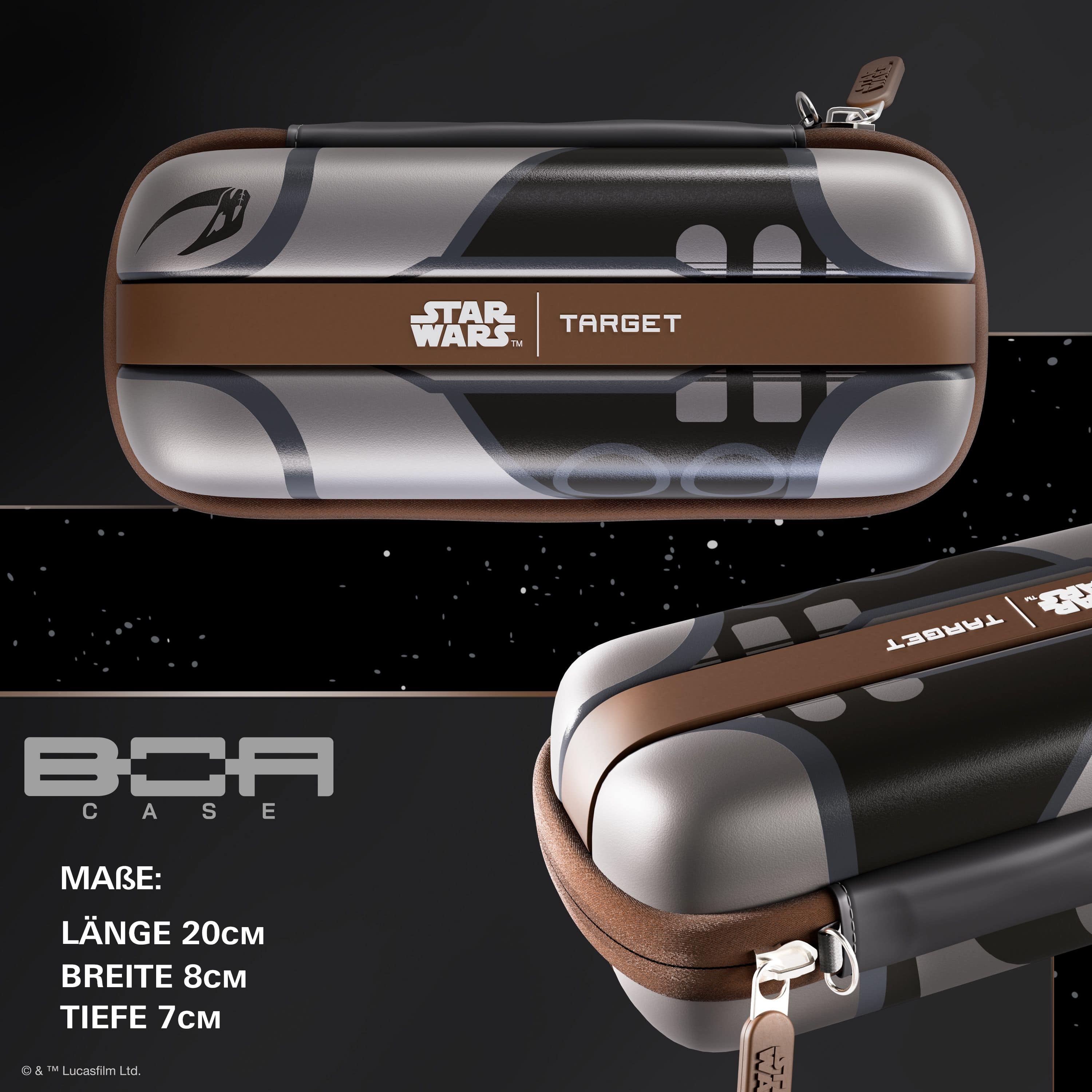 Etui na strzałki Boa Target Star Wars - Mandalorian Abgebildet ist das Target Star Wars Boa Dartcase - Mandalorian. Es ist ein Dartcase mit Mandalorianer-Design aus Star Wars.