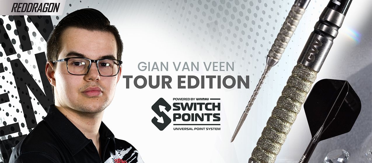 Abbildung des RedDragon Gian Van Veen Tour Edition, platziert vor einem neutralen Hintergrund. Das Design und die Details des Produkts sind gut sichtbar.