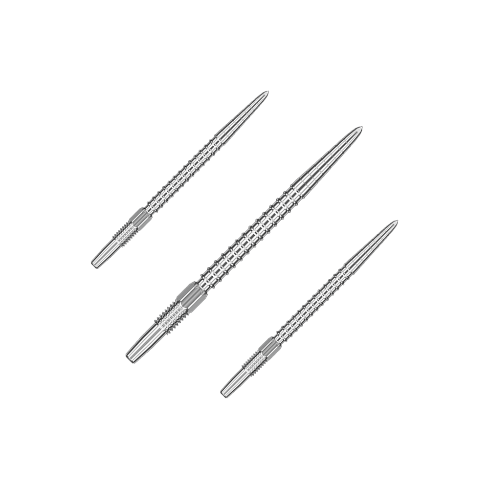Das Bild zeigt drei silberne Dartspitzen, die nebeneinander angeordnet sind. Sie haben ein geriffeltes Muster für besseren Halt.