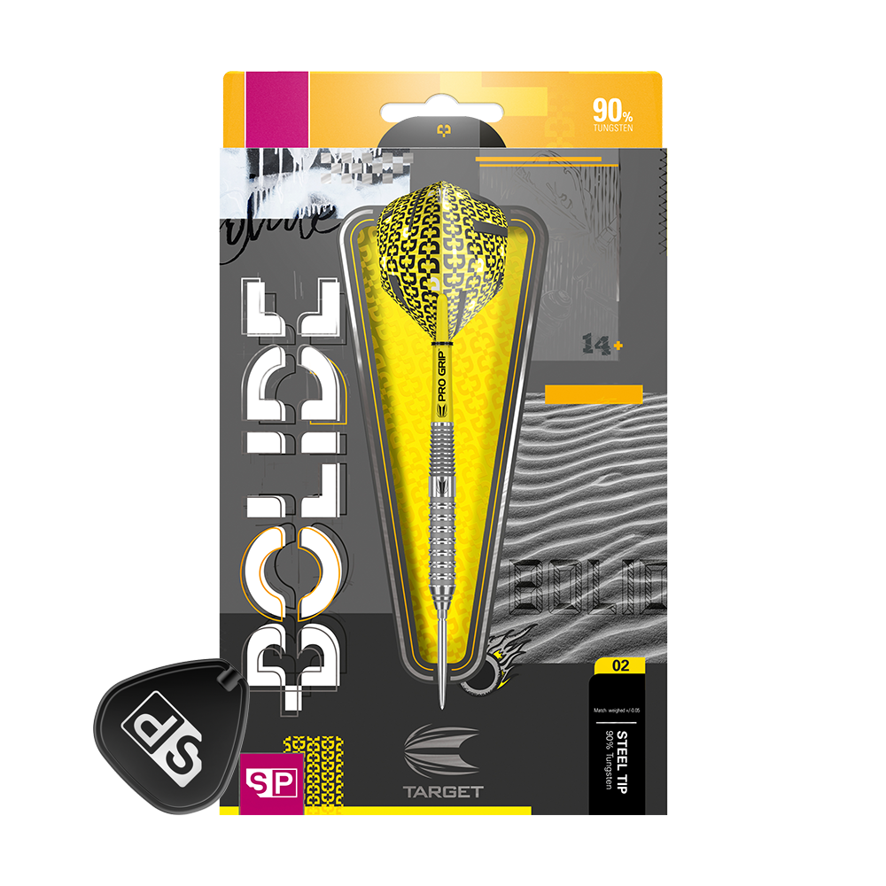 190054_Target_Bolide_02_Swiss_Point_Steeldarts_3PvzZ2TaUlqrtp Das Bild zeigt das Produkt "Target Bolide 02 Swiss Point Steeldarts" in einer auffälligen gelb-schwarzen Verpackung. Auf der Verpackung sind Informationen wie 90% Tungsten und die Produktdetails gut sichtbar.