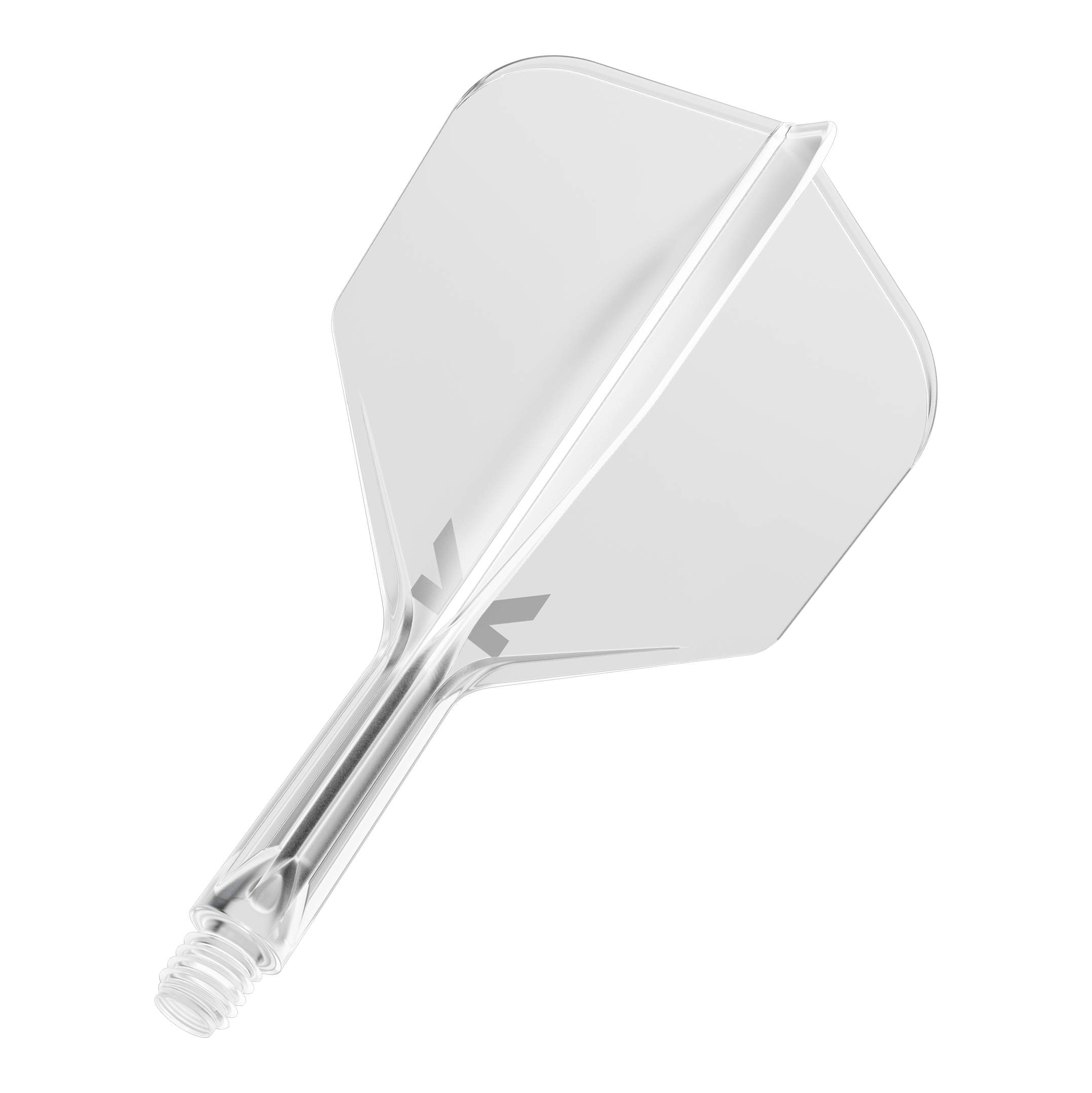 Das Bild zeigt ein durchsichtiges Dart-Flightsystem mit einem integrierten Schaft. Es ist vor schwarzem Hintergrund abgebildet.