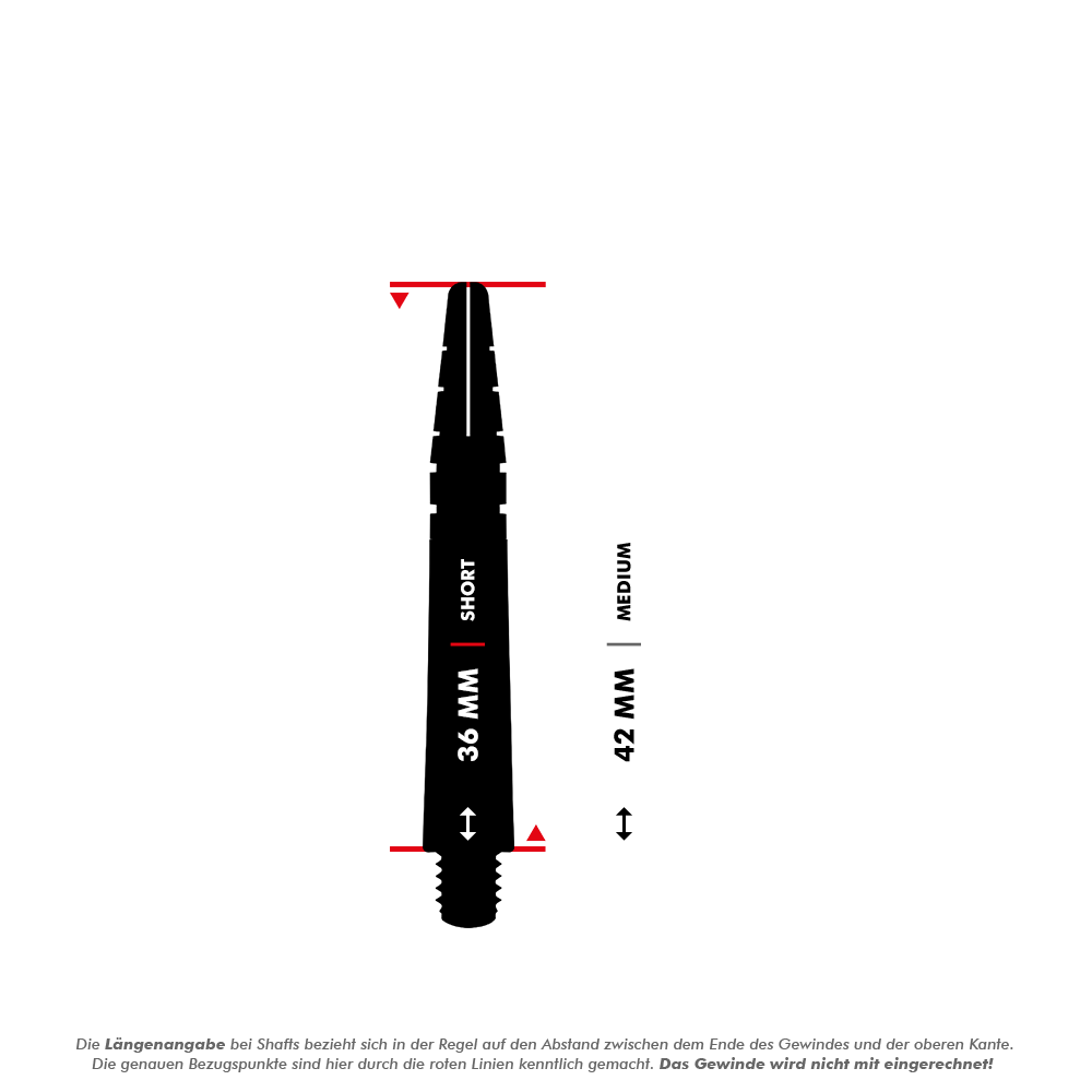C634_Red_Dragon_Nitrotech_Gerwyn_Price_Shafts_5_36mmhMC0fYq8EwK0W Das Bild zeigt die Red Dragon Nitrotech Gerwyn Price Black Shafts in zwei verschiedenen Längen. Die kurzen Shafts sind 36 mm lang, während die mittleren 42 mm lang sind.